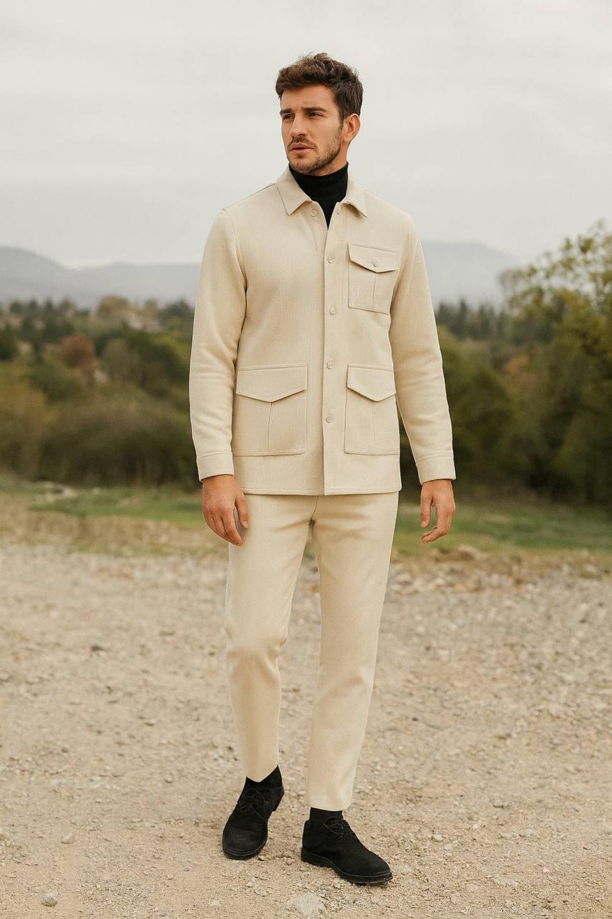 Wholesale Men Beige Button-Up Tracksuit Set with Flap Pockets 738269