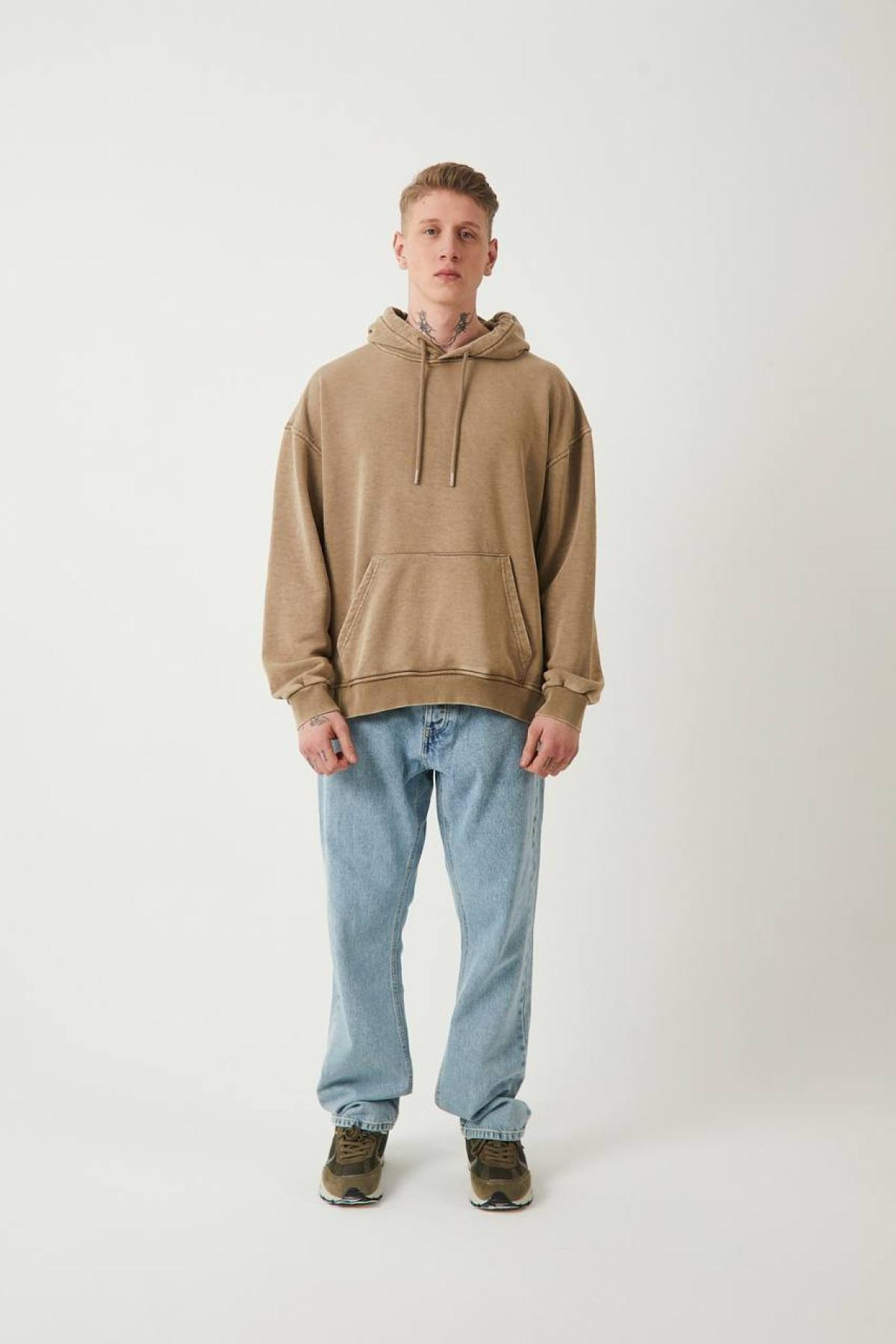 Wholesale Men Beige Hoodie with Kangaroo Pocket 739192