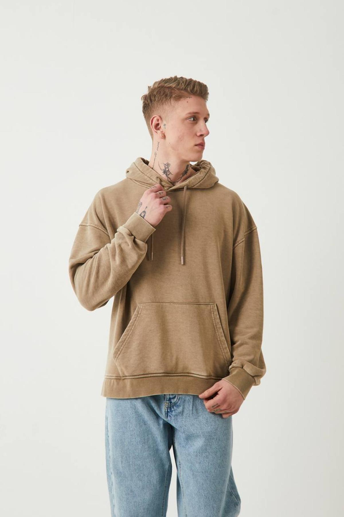 Wholesale Men Beige Hoodie with Kangaroo Pocket 739192