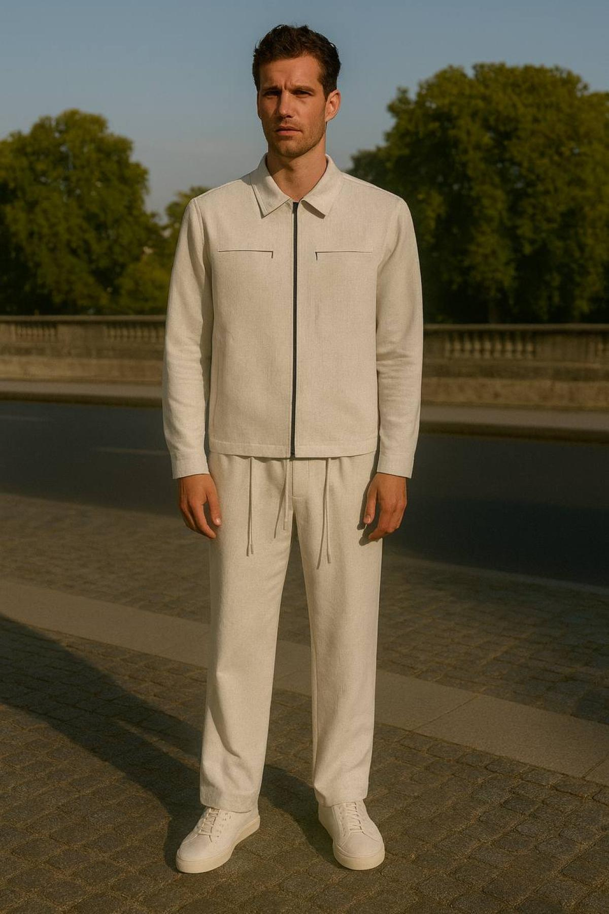 Wholesale Men Beige Zip-Up Tracksuit Set 738235