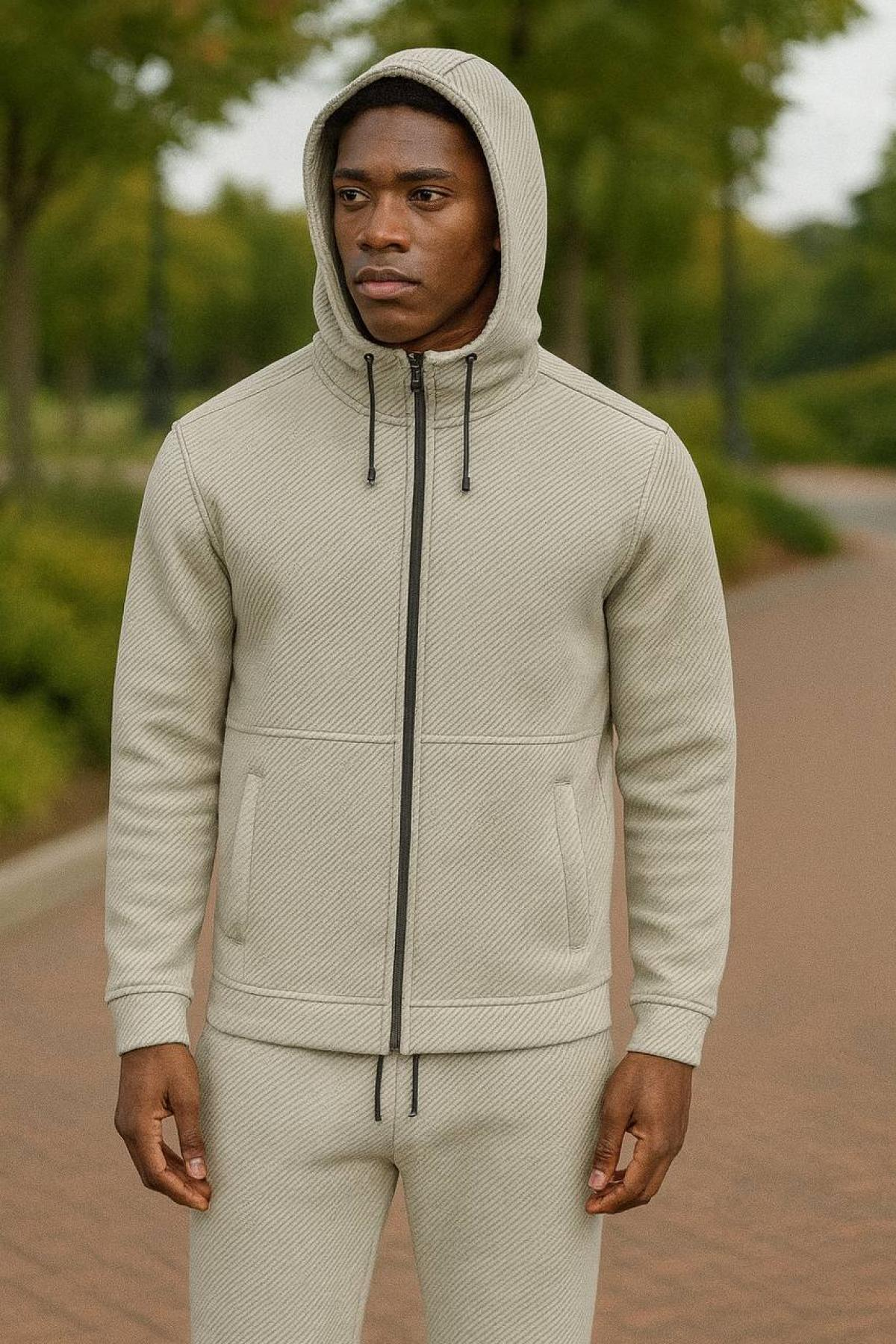 Wholesale Men Beige Zip-Up Tracksuit Set 738248