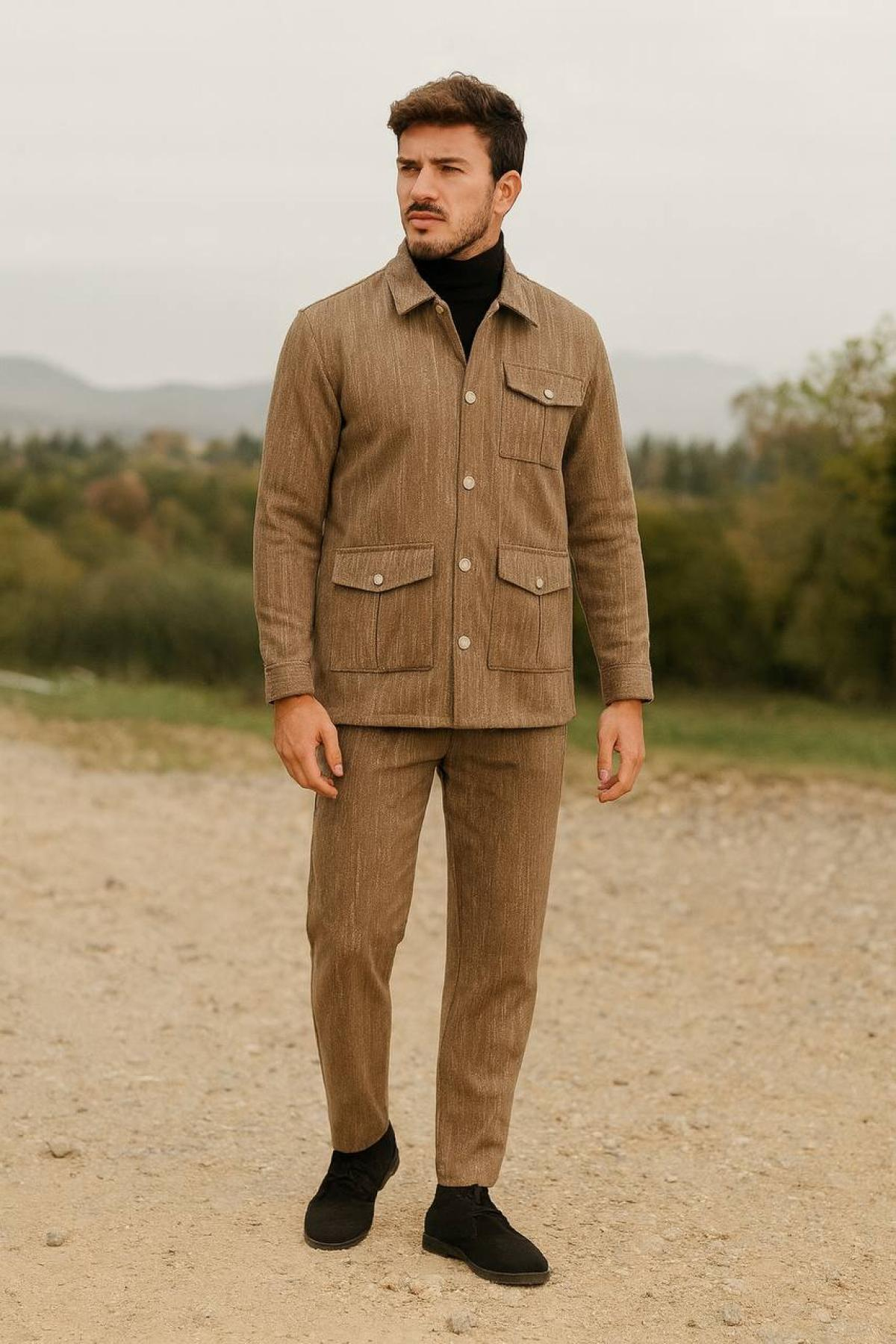 Wholesale Men Biscuit Button-Up Tracksuit Set with Flap Pockets 738272