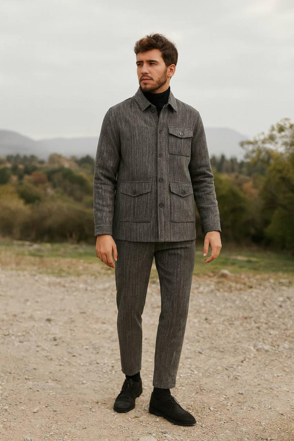Wholesale Men Black Button-Up Tracksuit Set with Flap Pockets 738264