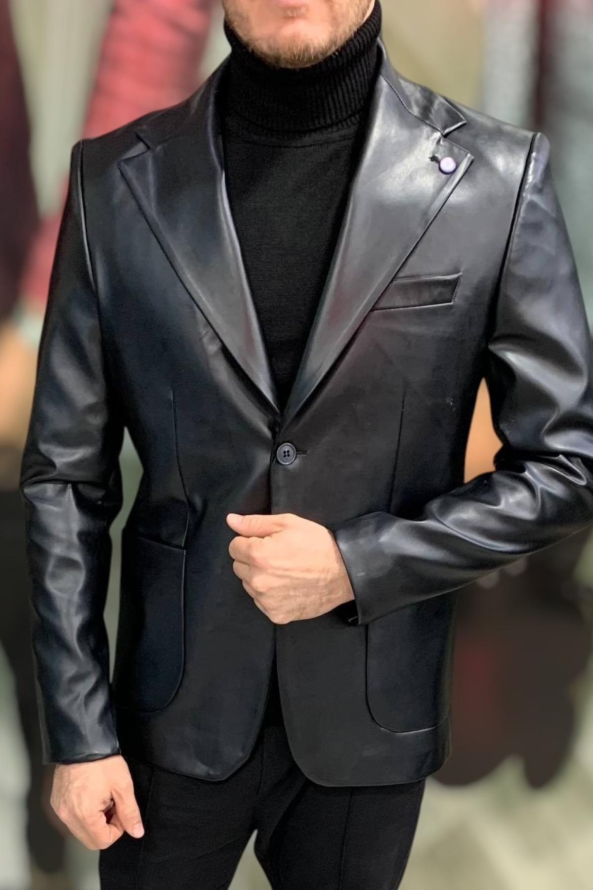 Wholesale Men Black Leather Jacket 720178