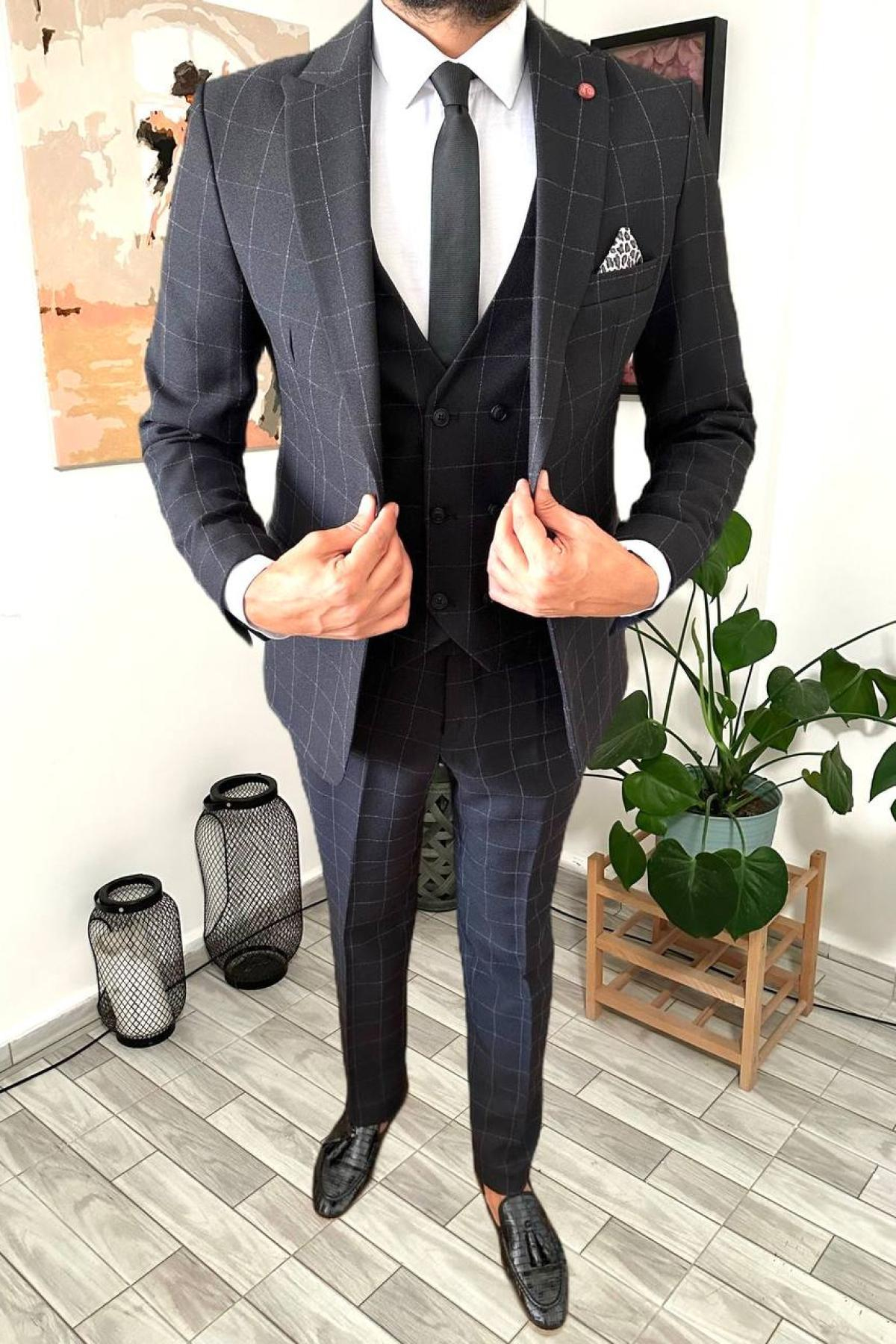 Wholesale Men Black Plaid Three Piece Suits Blazer Vest and Trousers 714439