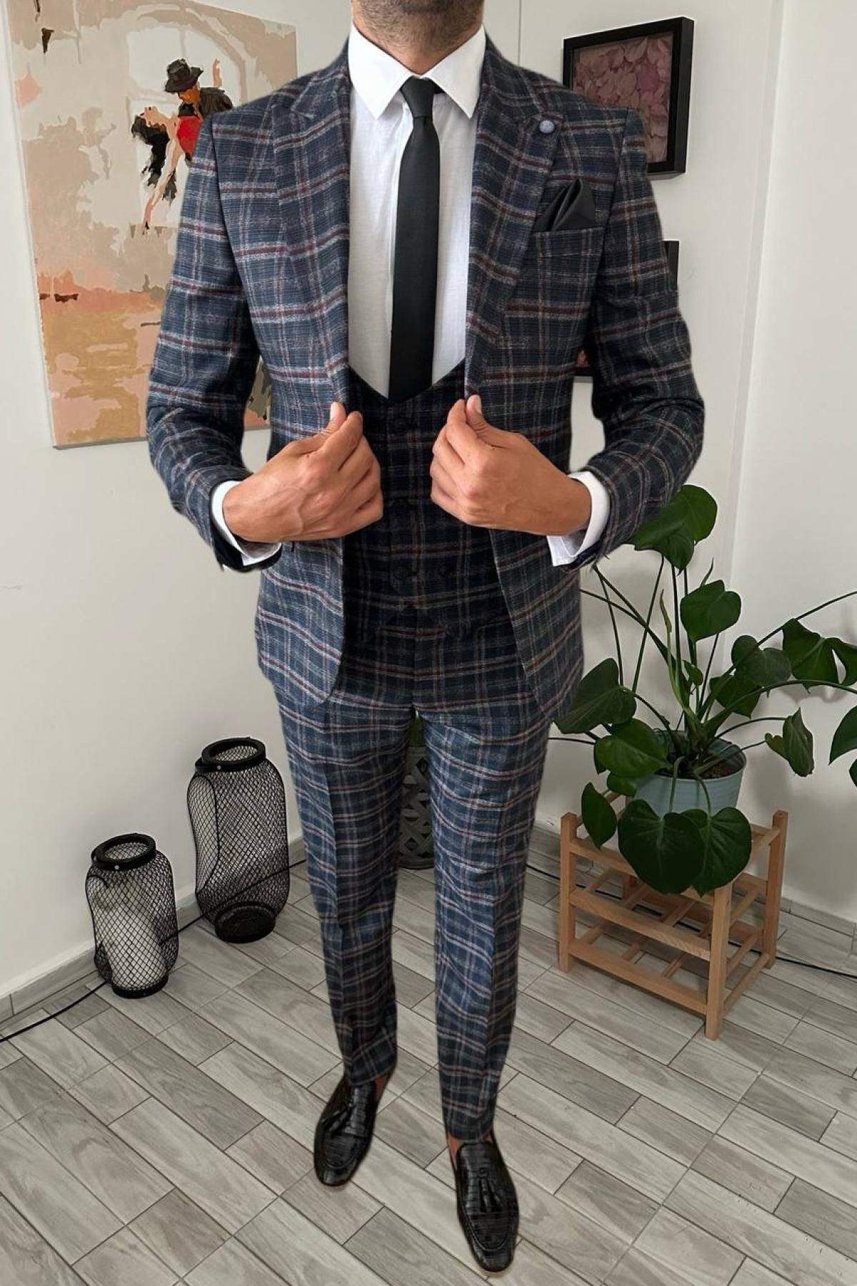 Wholesale Men Black Plaid Three Piece Suits Blazer Vest and Trousers 708924