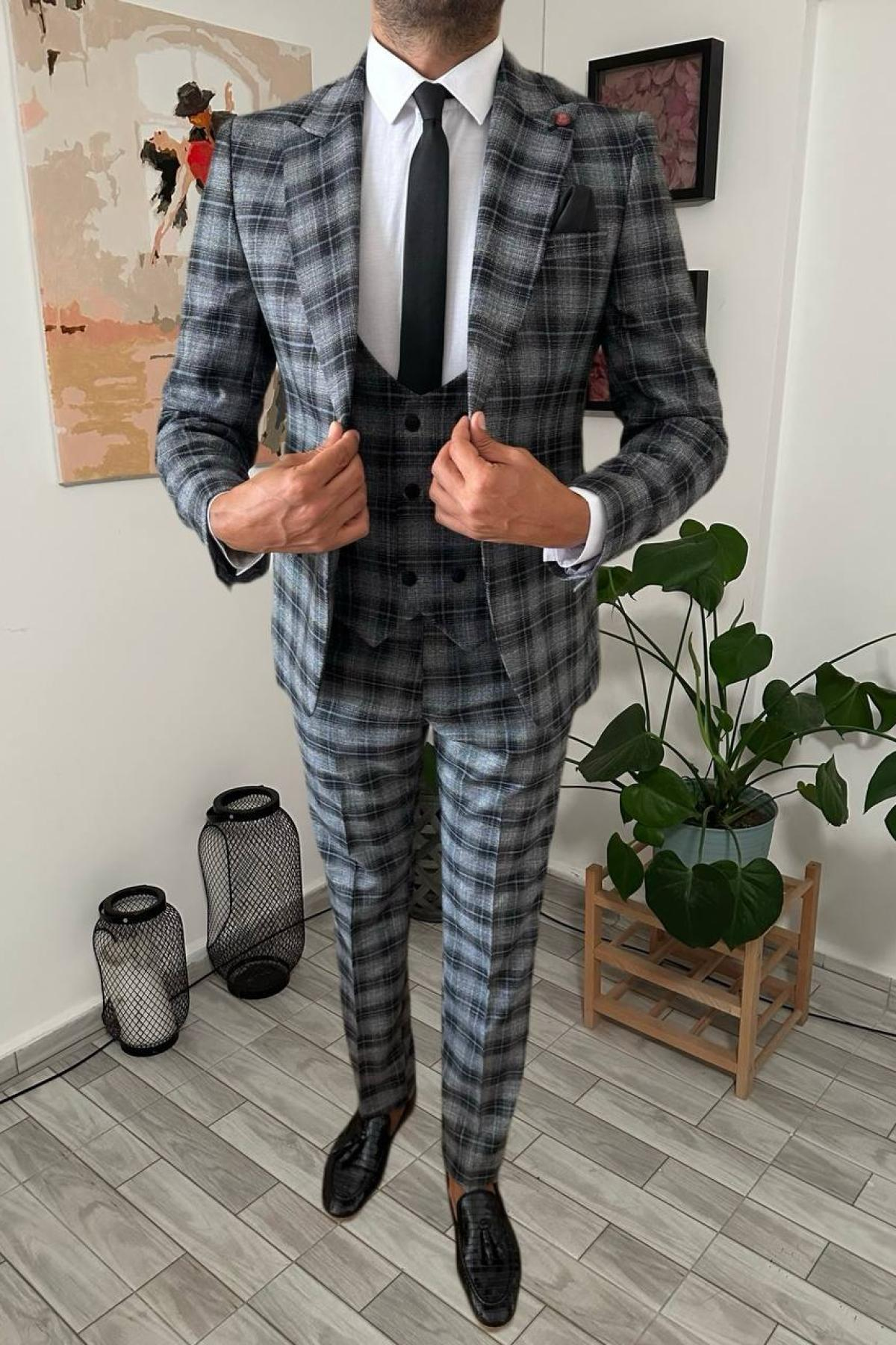 Wholesale Men Black Plaid Three Piece Suits Blazer Vest and Trousers 708933