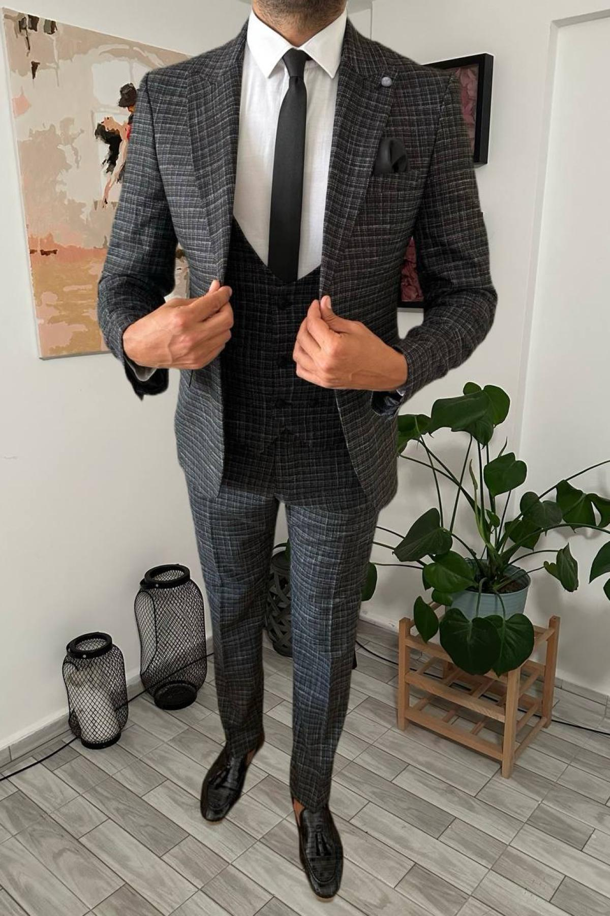 Wholesale Men Black Plaid Three Piece Suits Blazer Vest and Trousers 708905