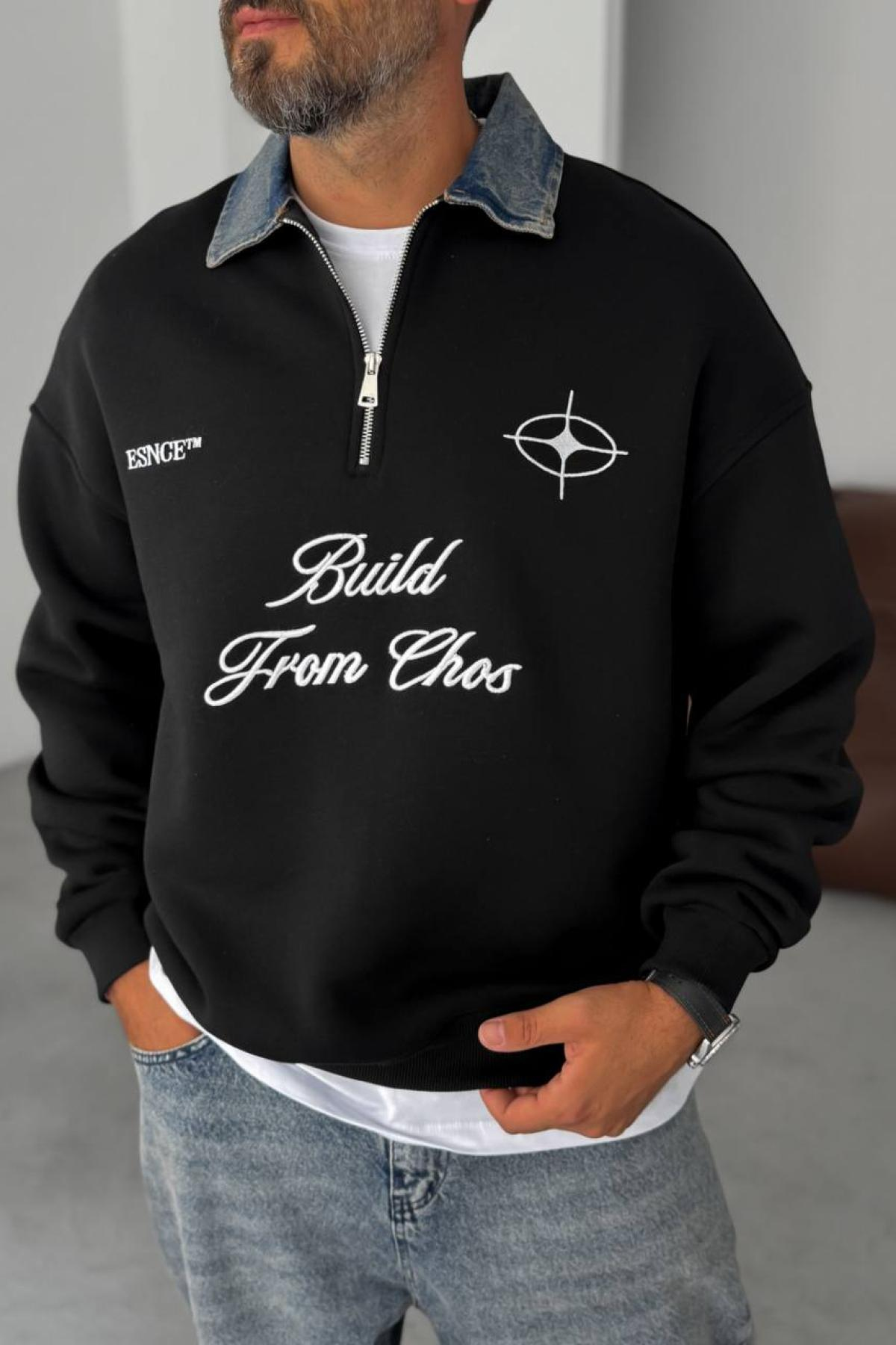 Wholesale Men Black Printed Zip-Up Detailed Sweatshirt 739119