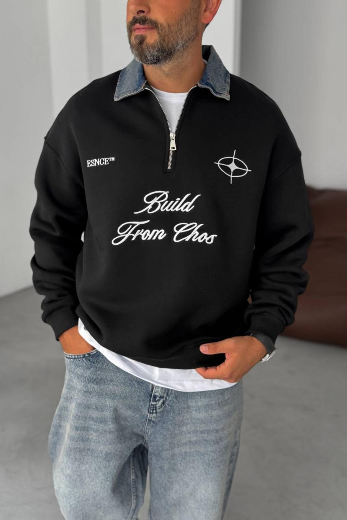 Wholesale Men Black Printed Zip-Up Detailed Sweatshirt 739119