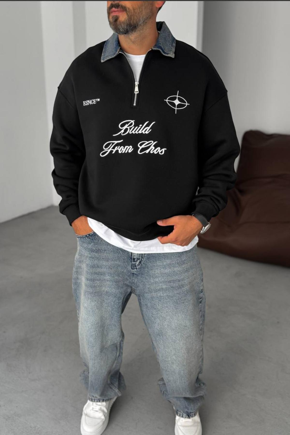 Wholesale Men Black Printed Zip-Up Detailed Sweatshirt 739119