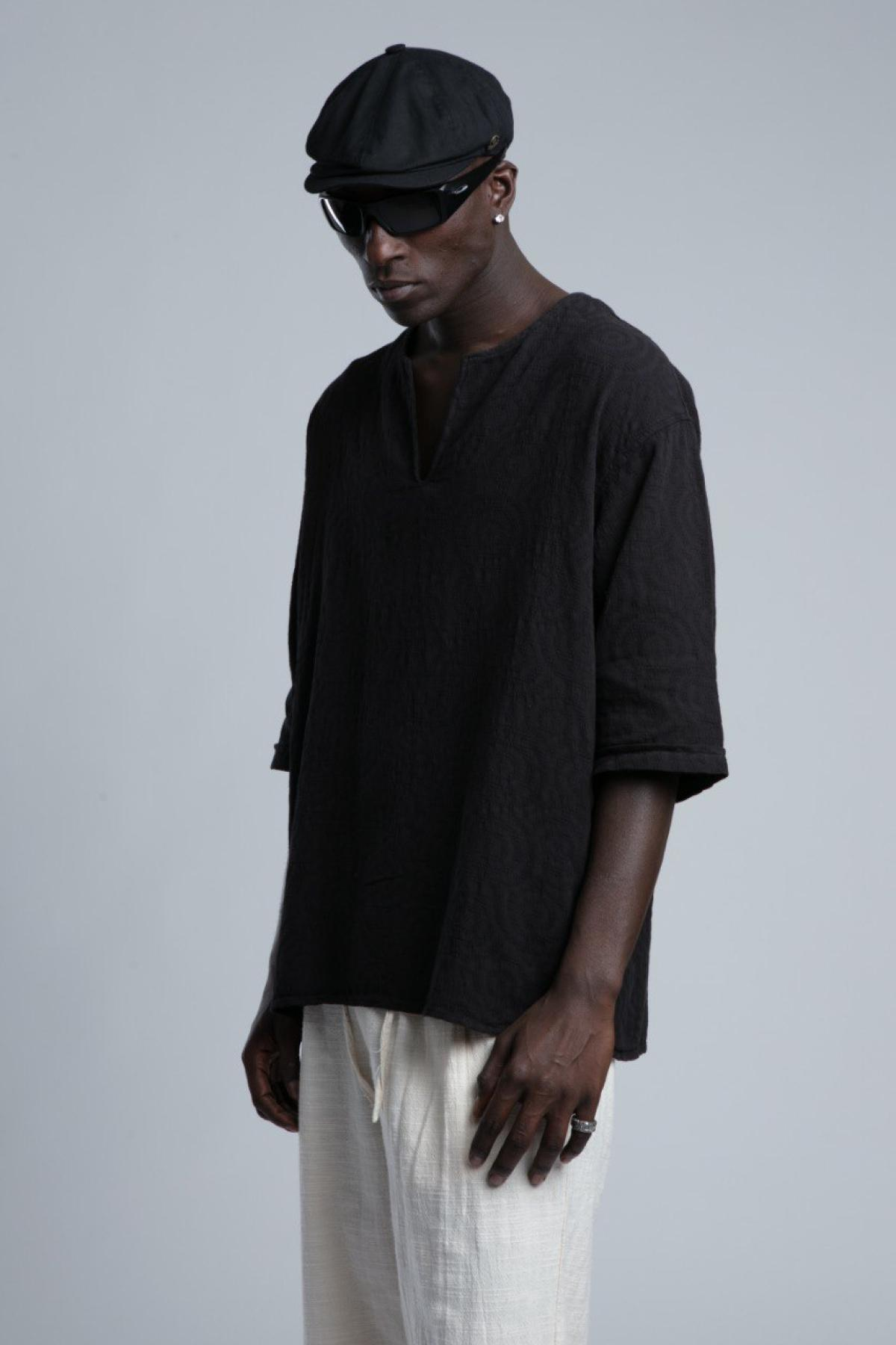 Wholesale Men Black Short Sleeve Linen Shirt 730439