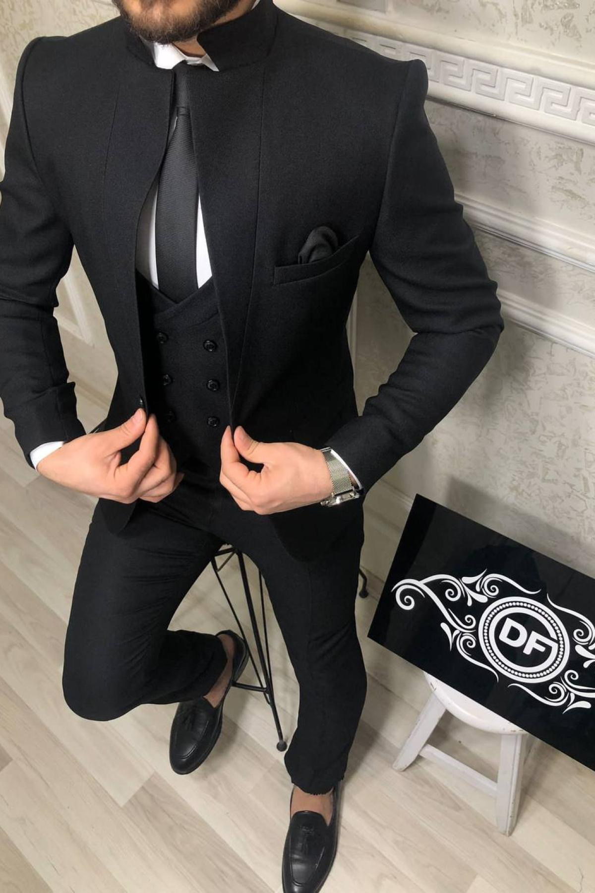 Wholesale Men Black Three Piece Suits Blazer Vest and Trousers 714432