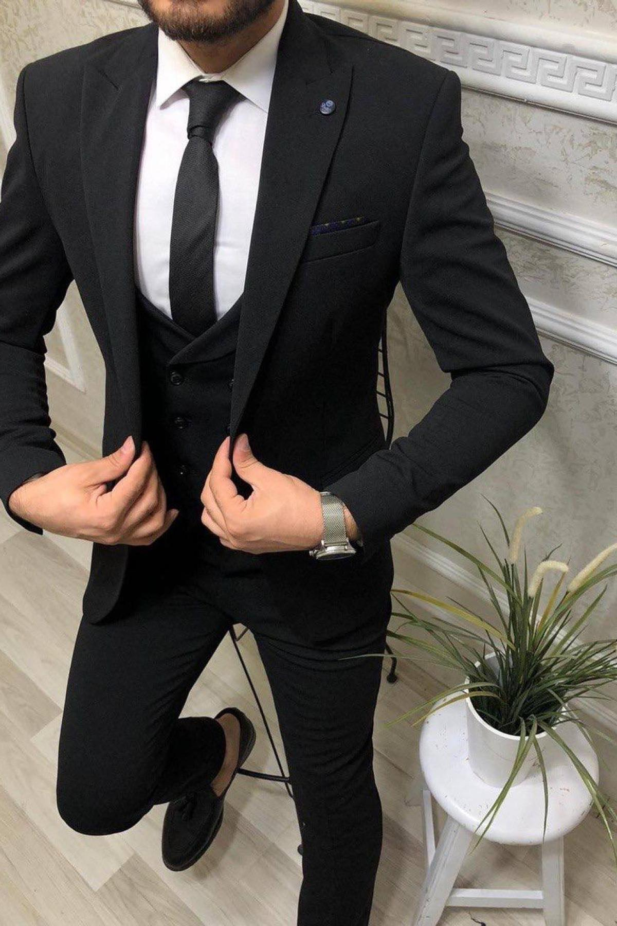Wholesale Men Black Three Piece Suits Blazer Vest and Trousers 714572