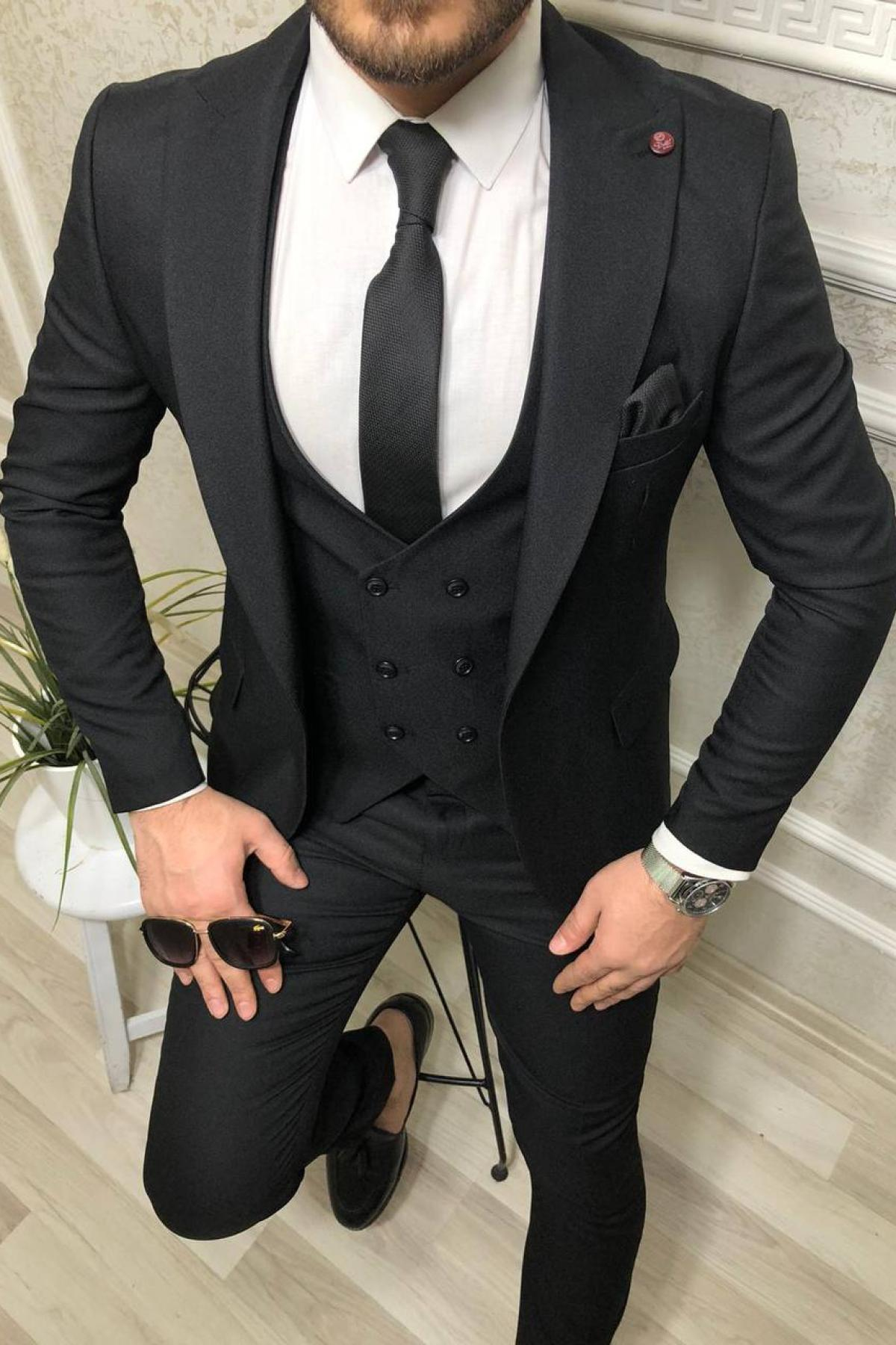 Wholesale Men Black Three Piece Suits Blazer Vest and Trousers 708568