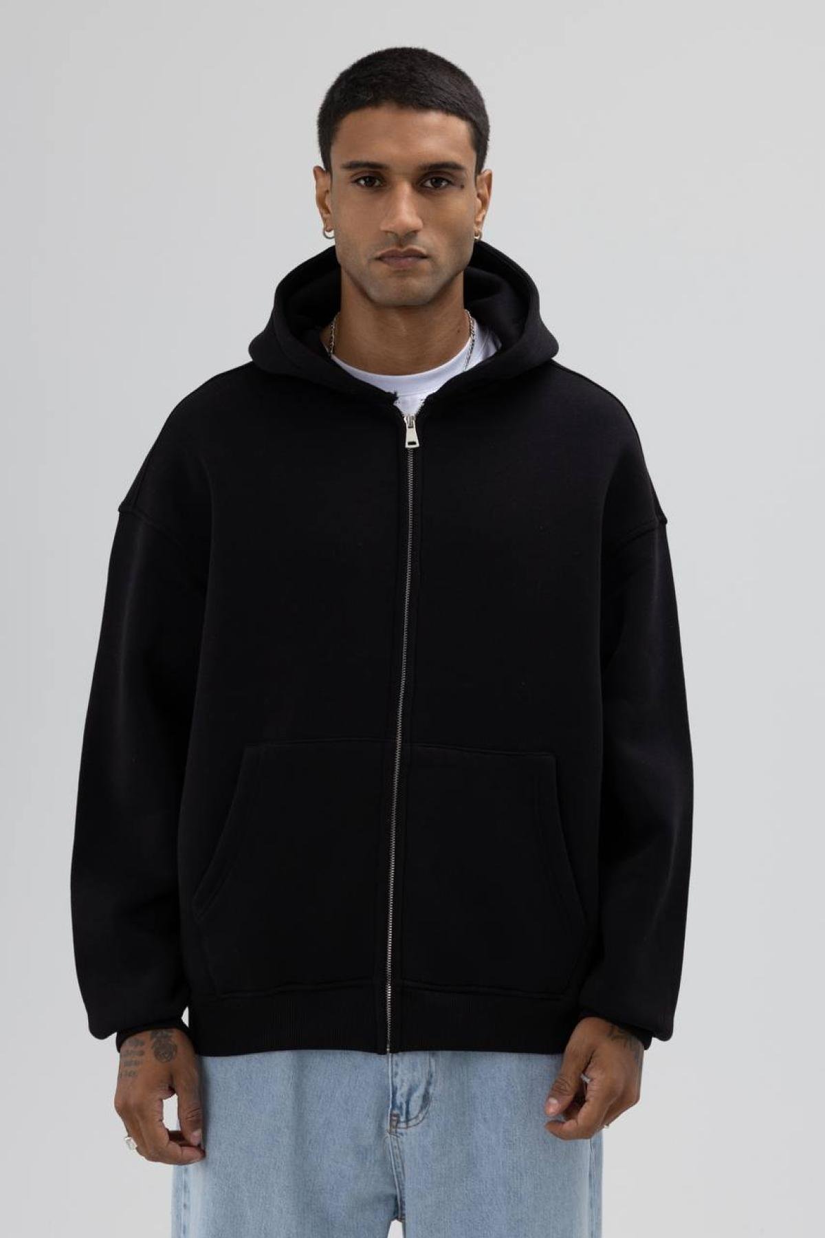 Wholesale Men Black Zip-Up Hoodie 739100