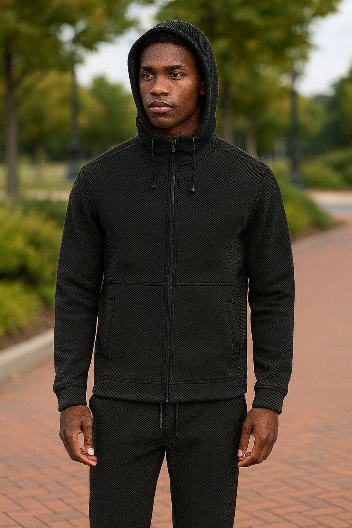Wholesale Men Black Zip-Up Tracksuit Set 738243