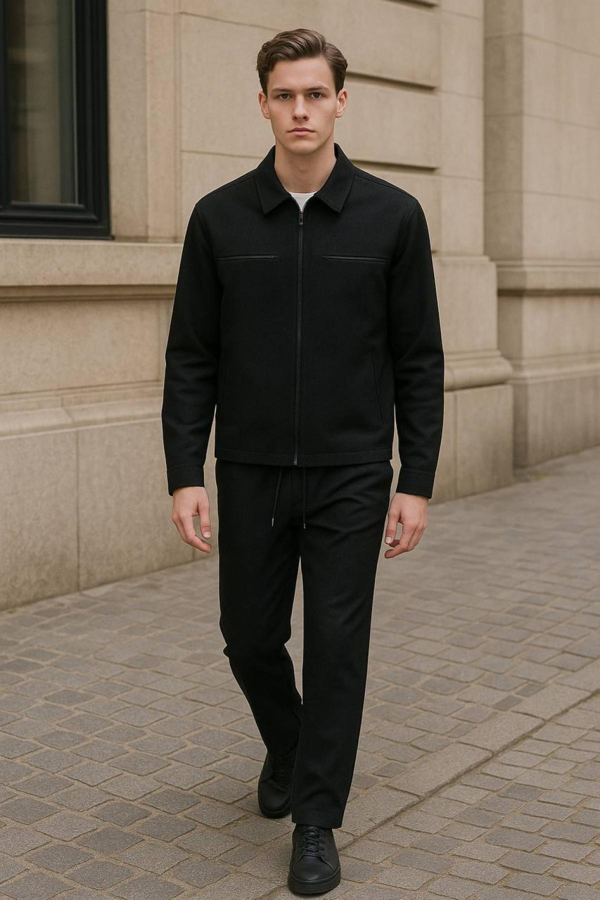 Wholesale Men Black Zip-Up Tracksuit Set 738233