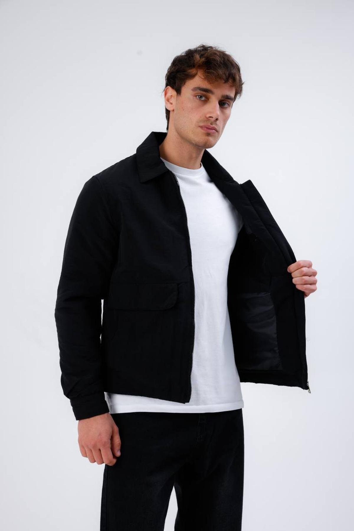 Wholesale Men Black Zippered Jacket With Pocket Detail 739171