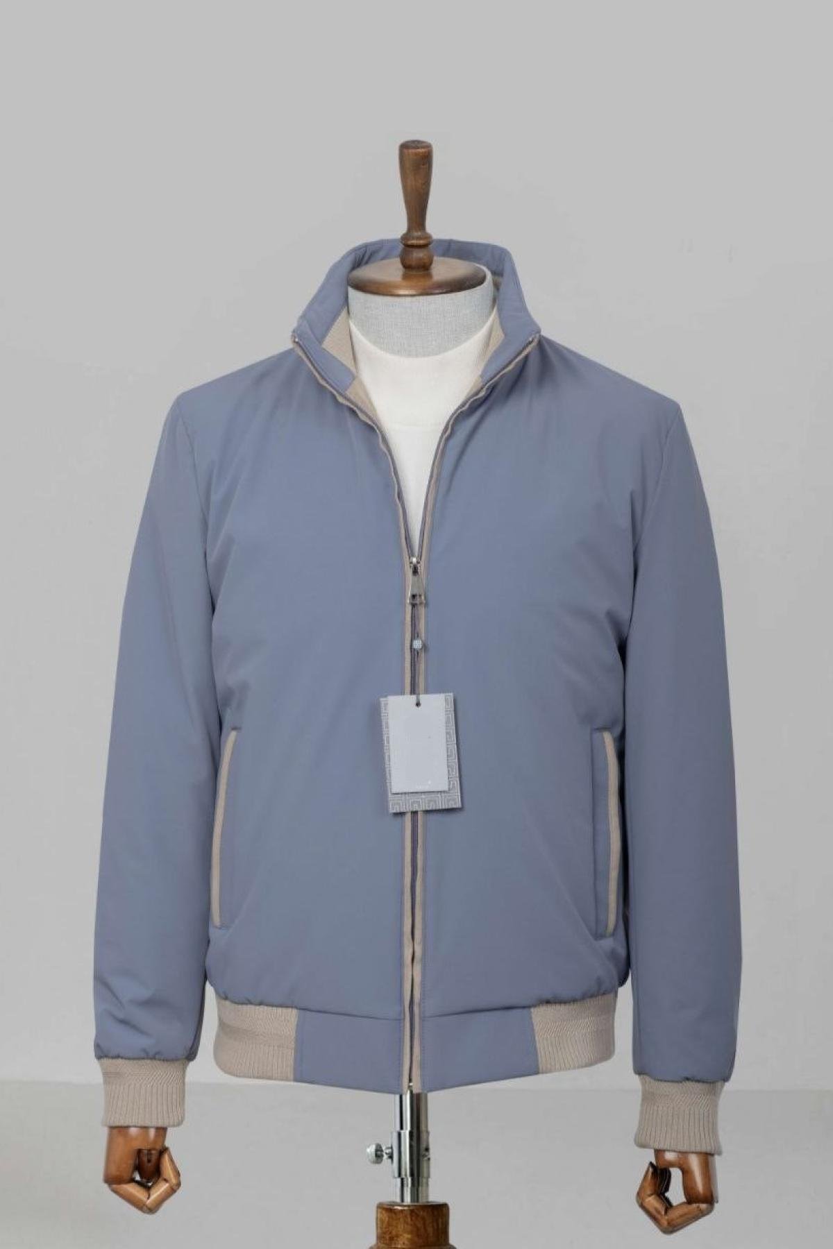 Wholesale Men Blue Ribbed Bomber Jacket 738174