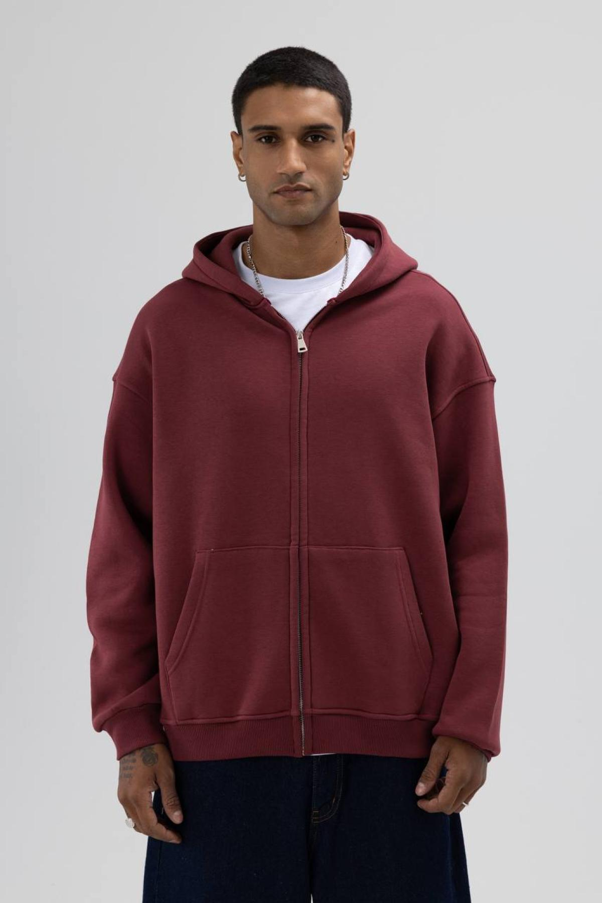 Wholesale Men Bordeaux Zip-Up Hoodie 739106