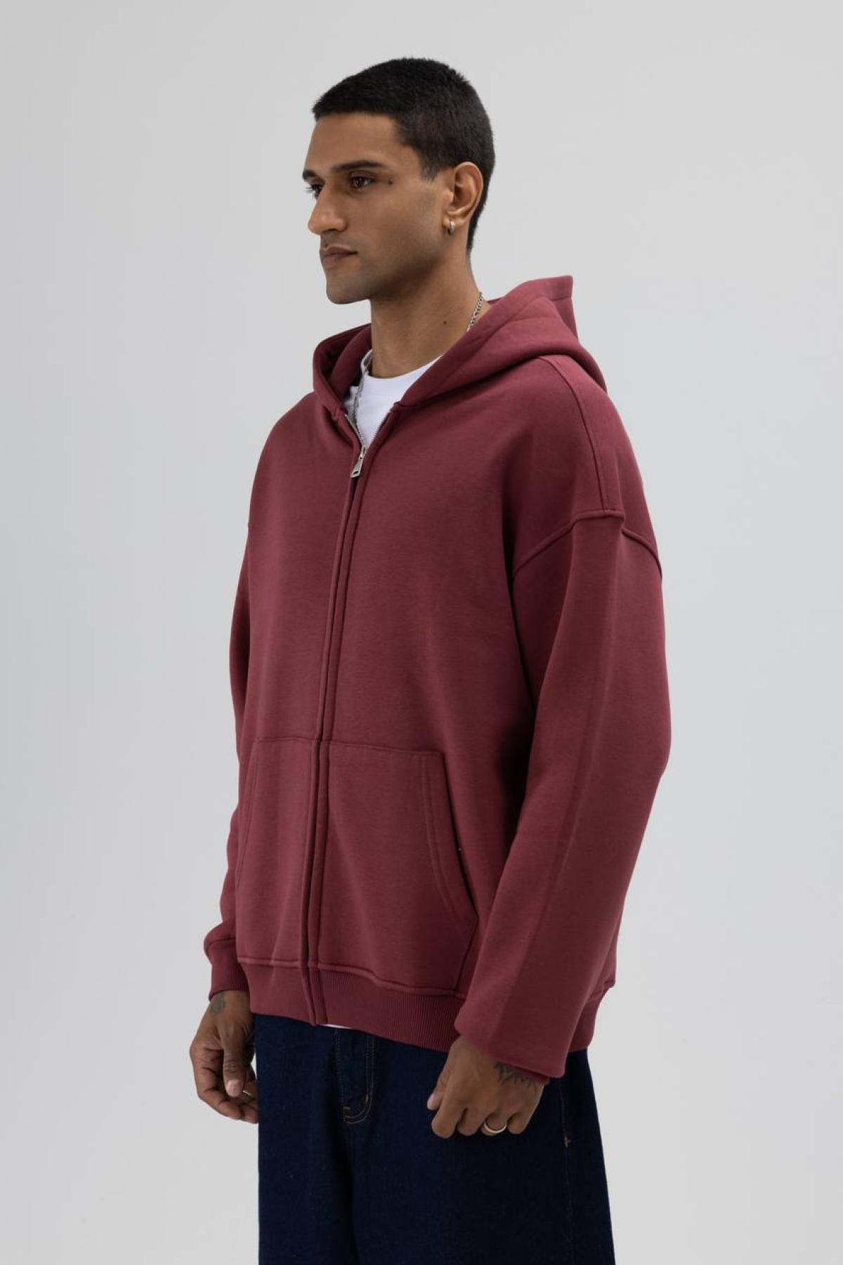 Wholesale Men Bordeaux Zip-Up Hoodie 739106