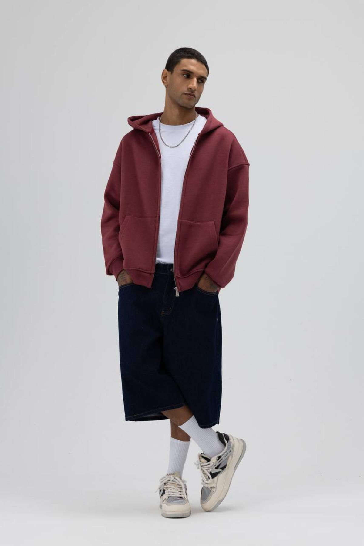 Wholesale Men Bordeaux Zip-Up Hoodie 739106