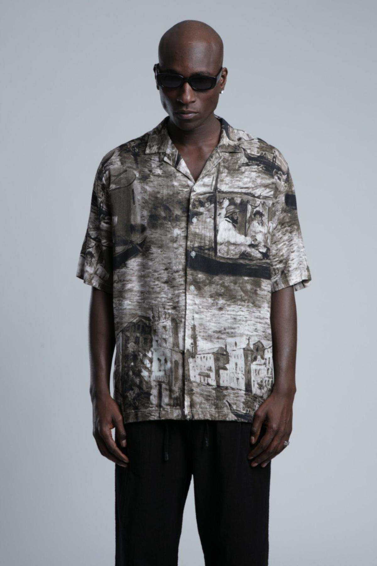 Wholesale Men Brown Printed Short Sleeve Shirt 729979