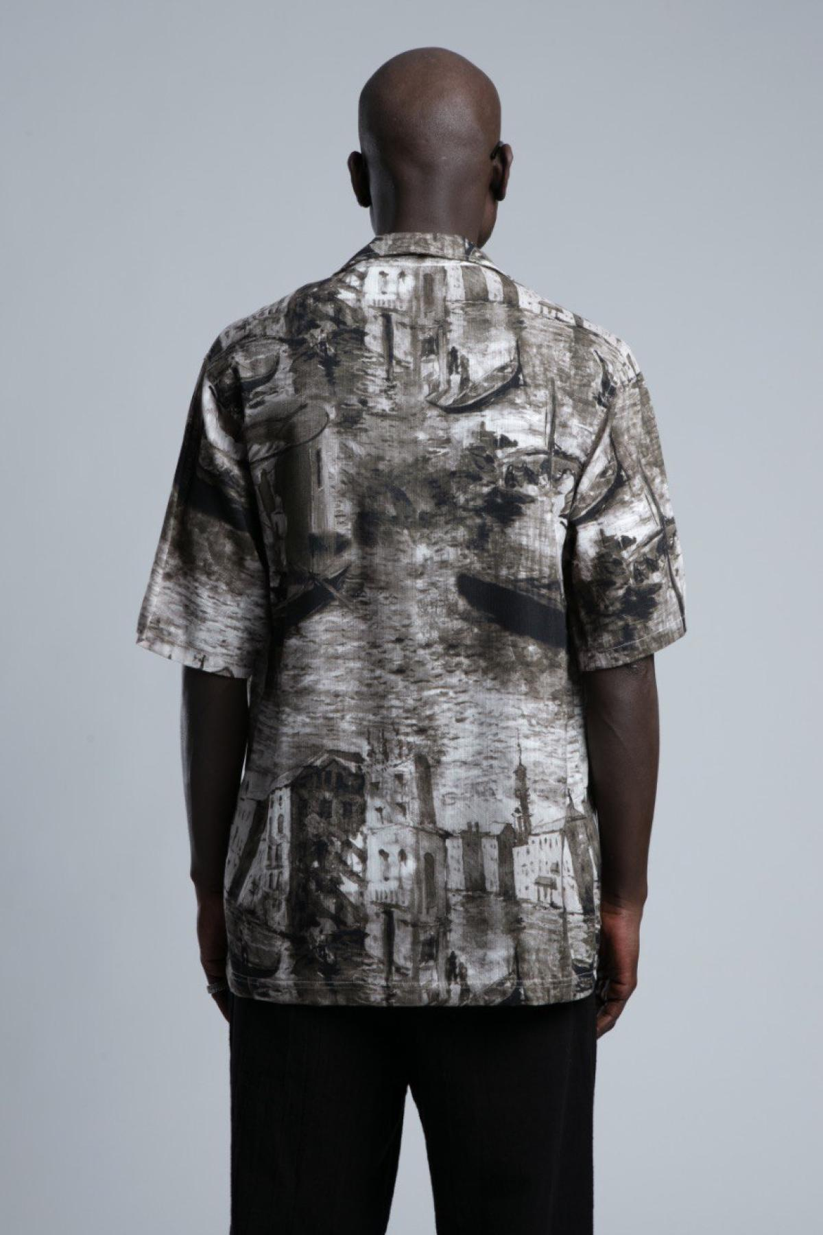 Wholesale Men Brown Printed Short Sleeve Shirt 729979