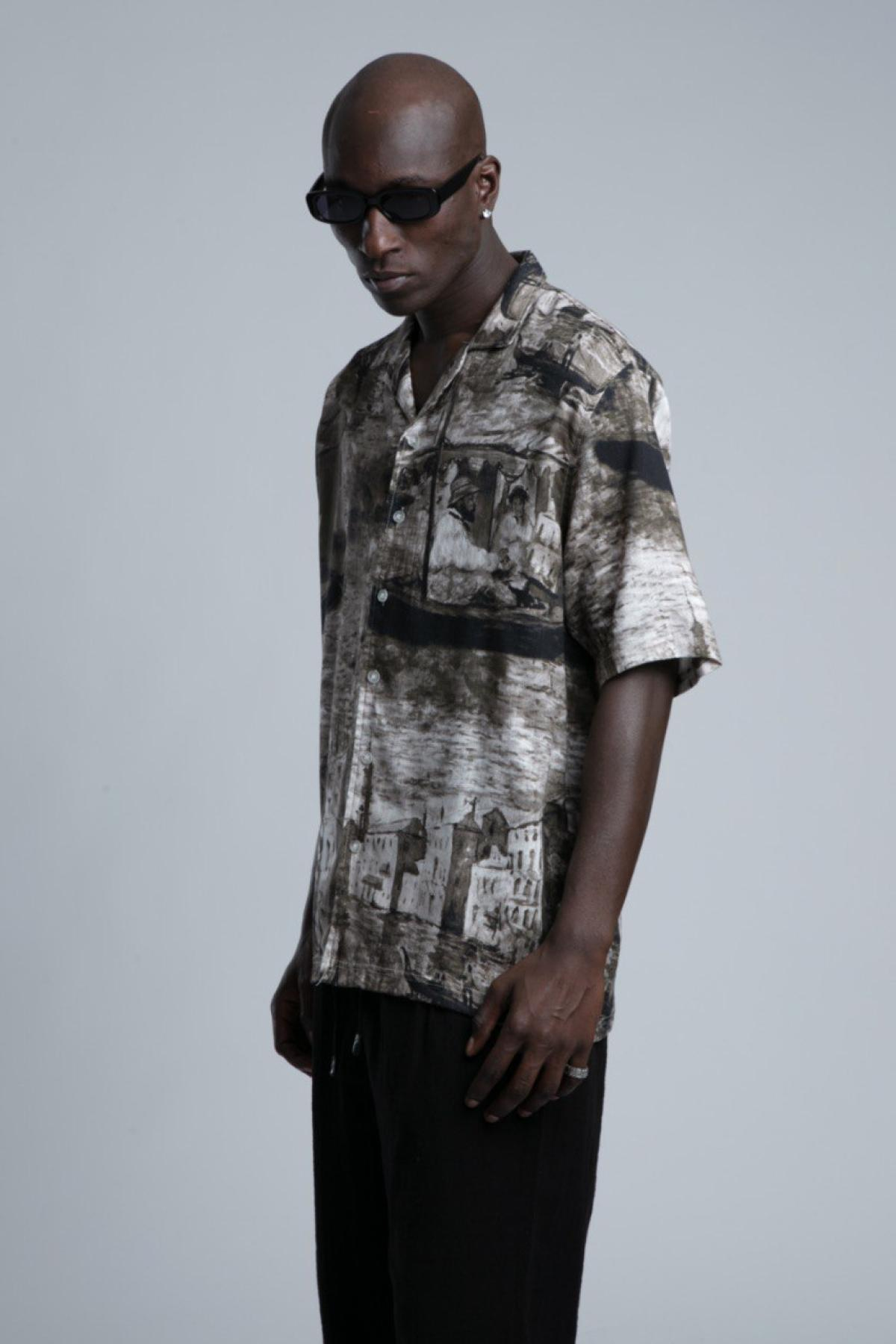 Wholesale Men Brown Printed Short Sleeve Shirt 729979