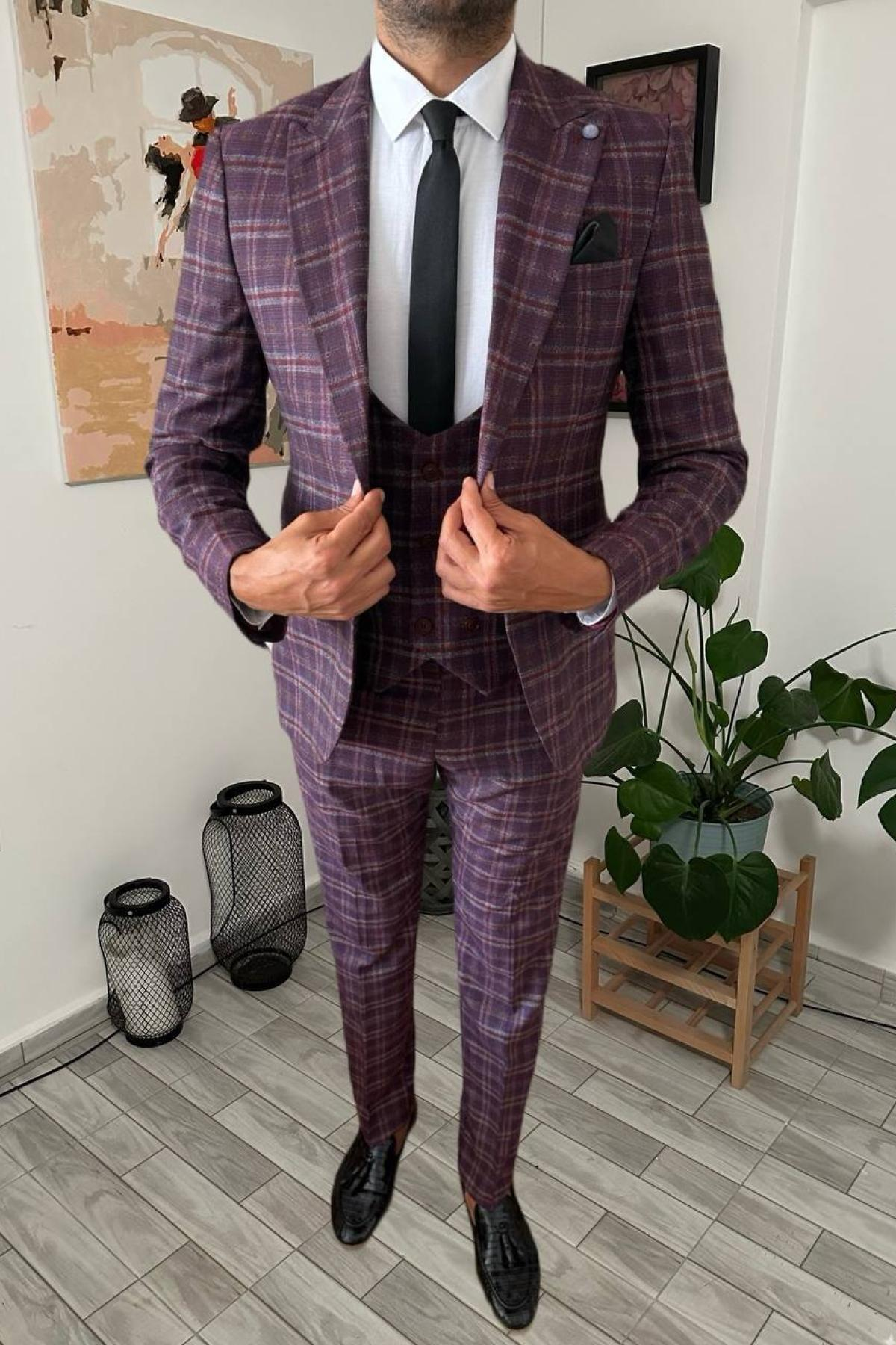 Wholesale Men Burgundy Plaid Three Piece Suits Blazer Vest and Trousers 708929