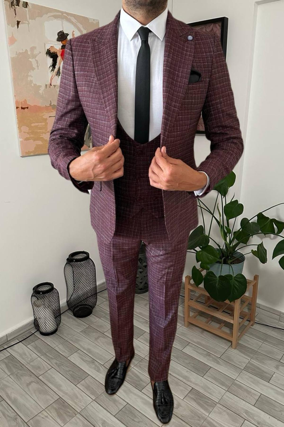 Wholesale Men Burgundy Plaid Three Piece Suits Blazer Vest and Trousers 708909