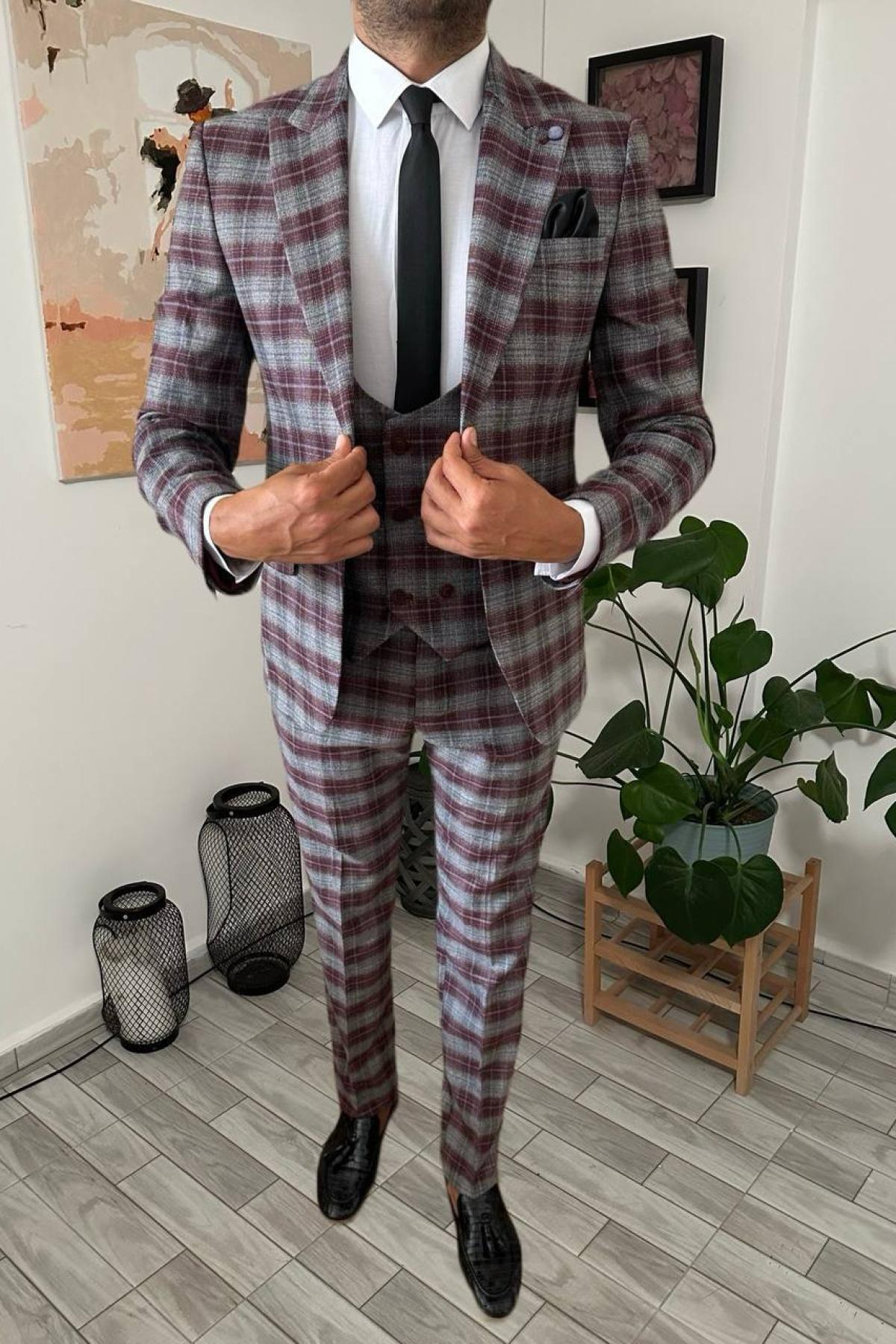 Wholesale Men Burgundy Plaid Three Piece Suits Blazer Vest and Trousers 708938