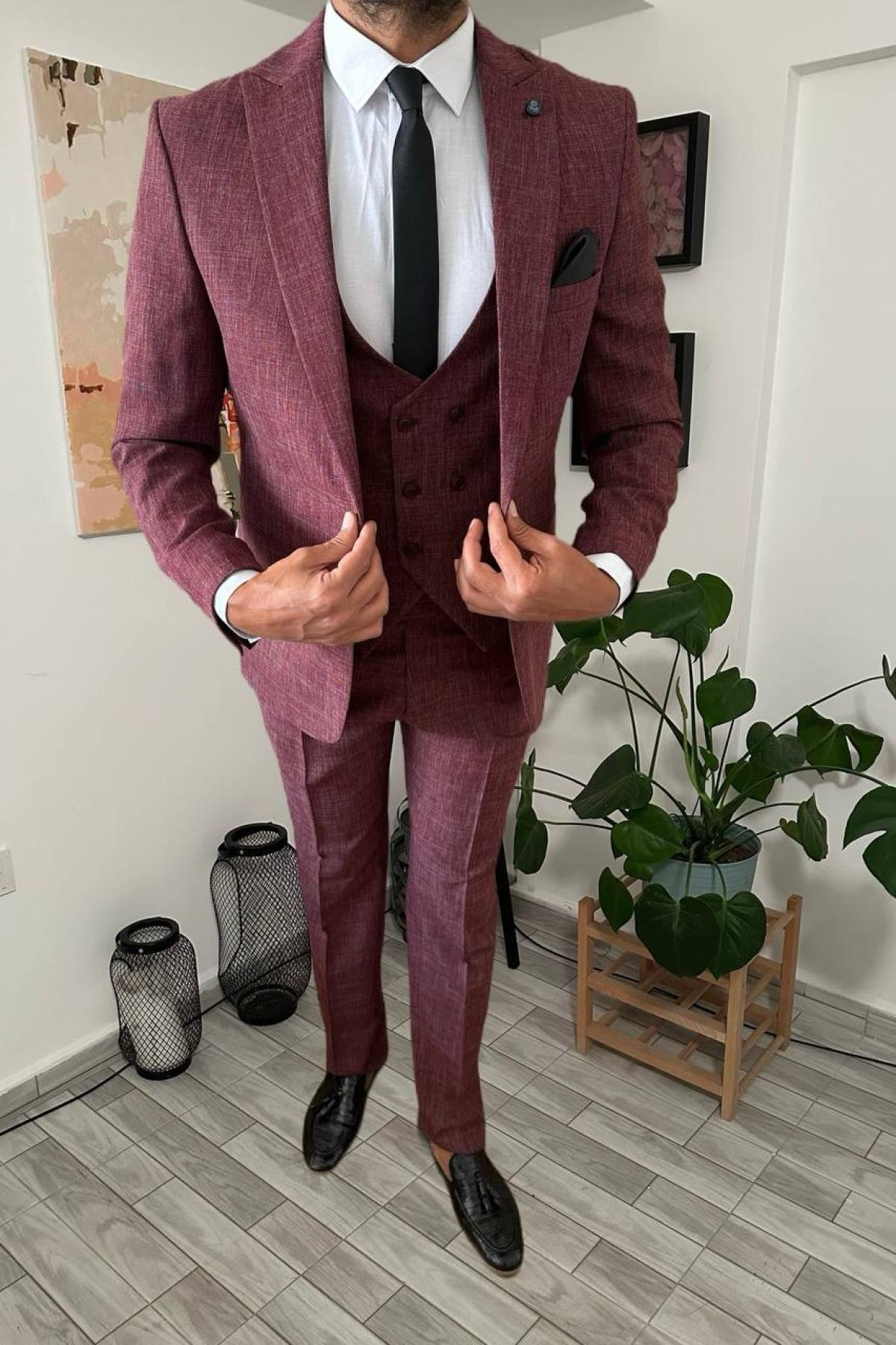 Wholesale Men Burgundy Three Piece Suits Plus Size Blazer Vest and Trousers 708952