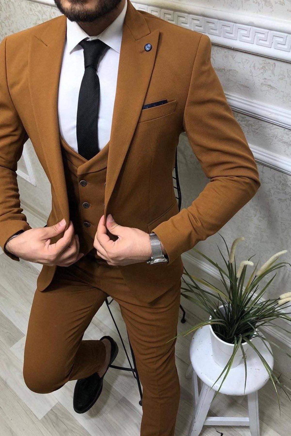 Wholesale Men Cinnamon Brown Three Piece Suits Blazer Vest and Trousers 714584