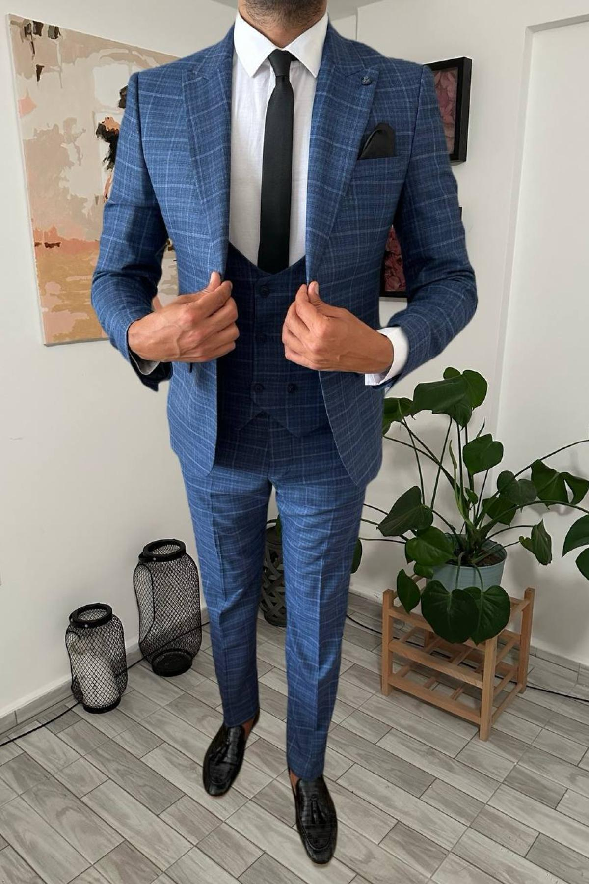 Wholesale Men Cobalt Blue Plaid Three Piece Suits Blazer Vest and Trousers 708921