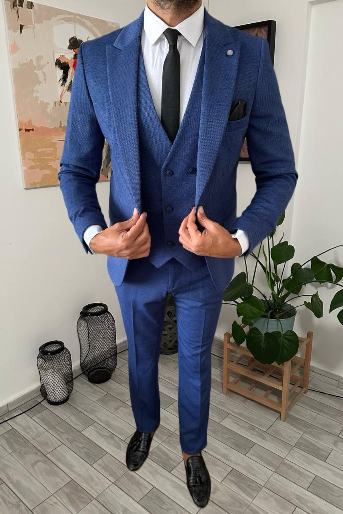 Wholesale Men Cobalt Blue Three Piece Suits Plus Size Blazer Vest and Trousers 708947