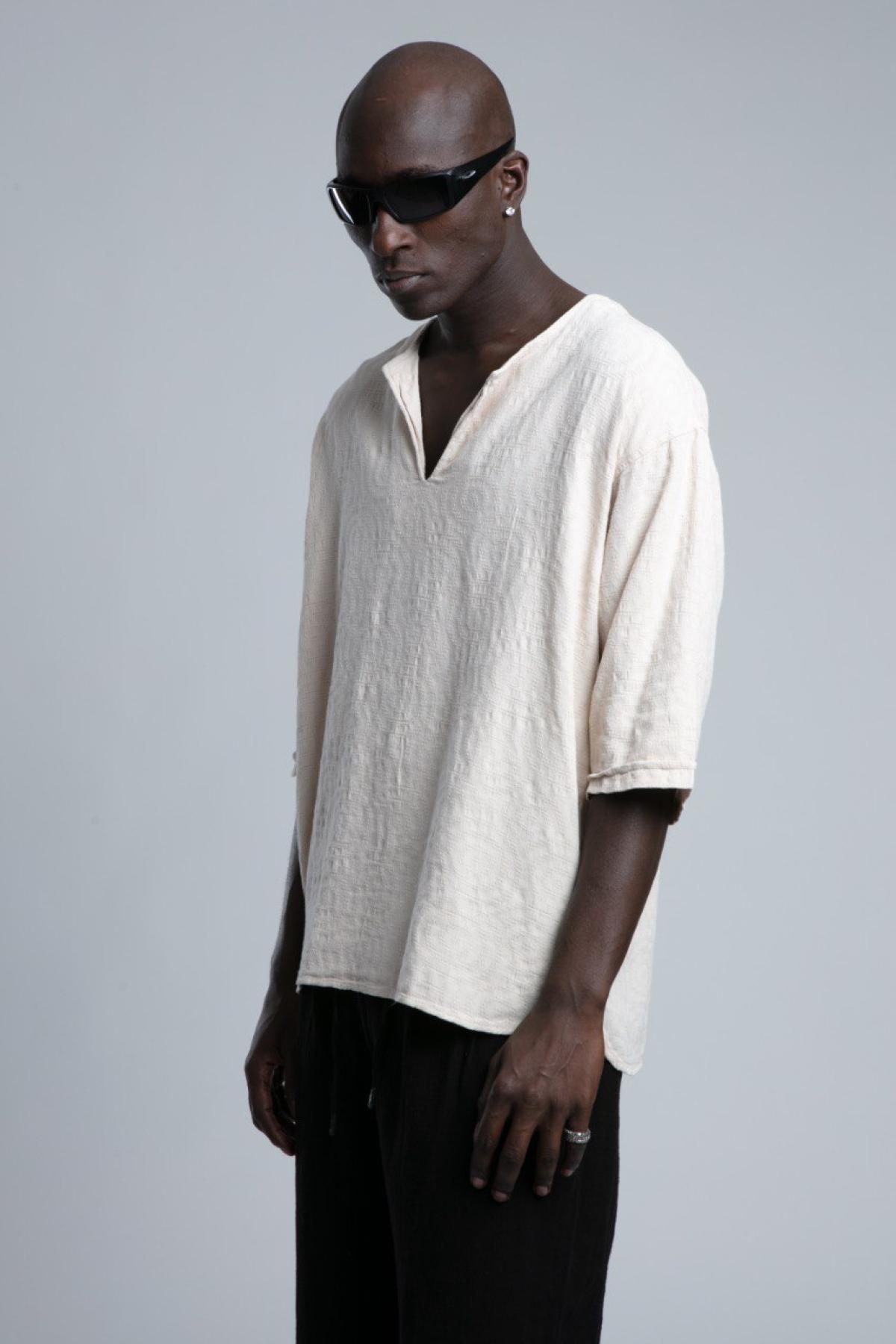 Wholesale Men Cream Short Sleeve Linen Shirt 730441