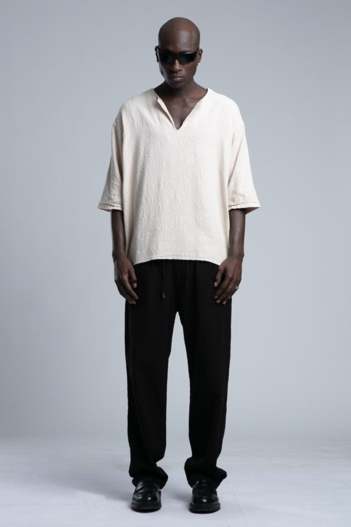 Wholesale Men Cream Short Sleeve Linen Shirt 730441