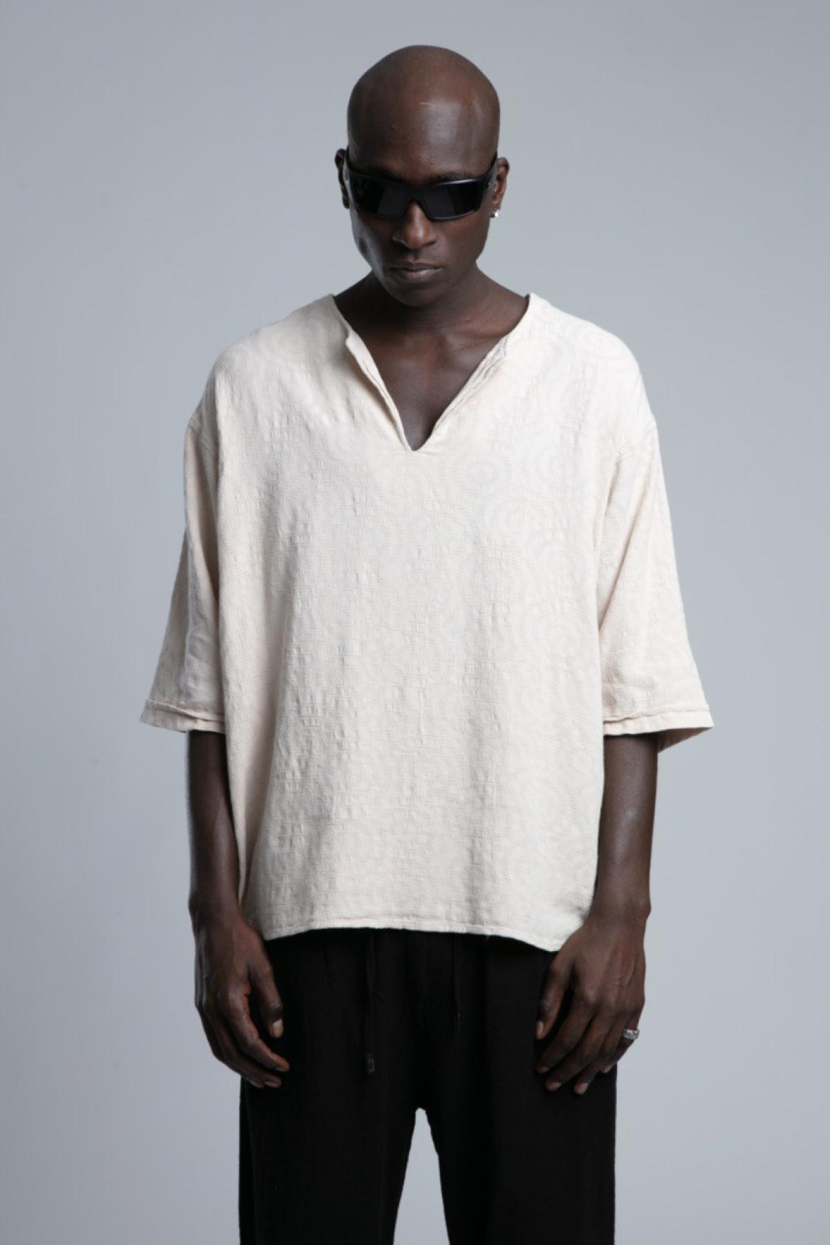 Wholesale Men Cream Short Sleeve Linen Shirt 730441
