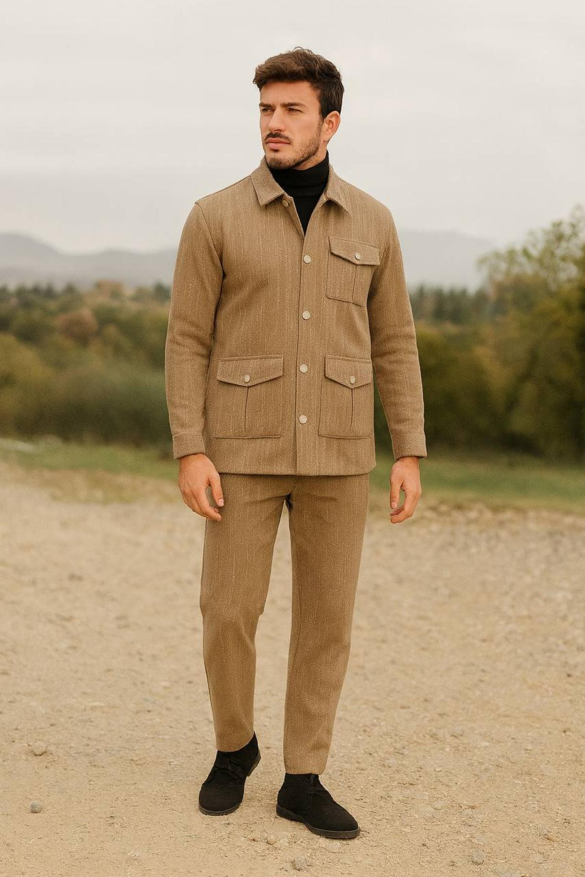 Wholesale Men Dark Beige Button-Up Tracksuit Set with Flap Pockets 738270