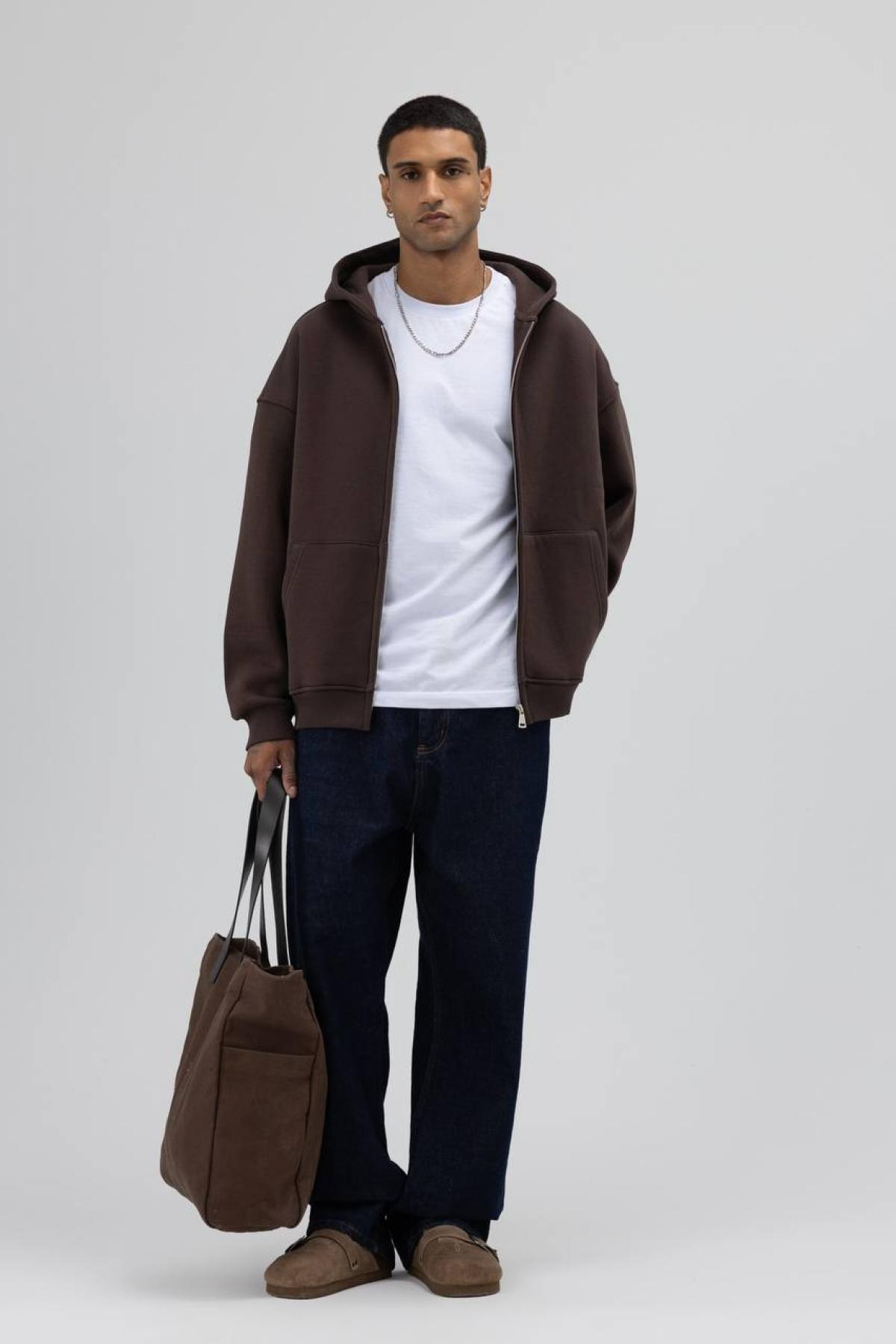Wholesale Men Dark Brown Zip-Up Hoodie 739104