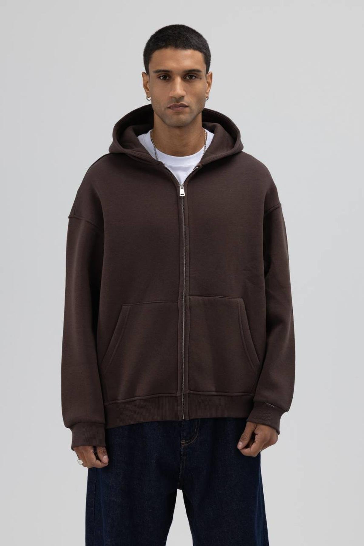Wholesale Men Dark Brown Zip-Up Hoodie 739104
