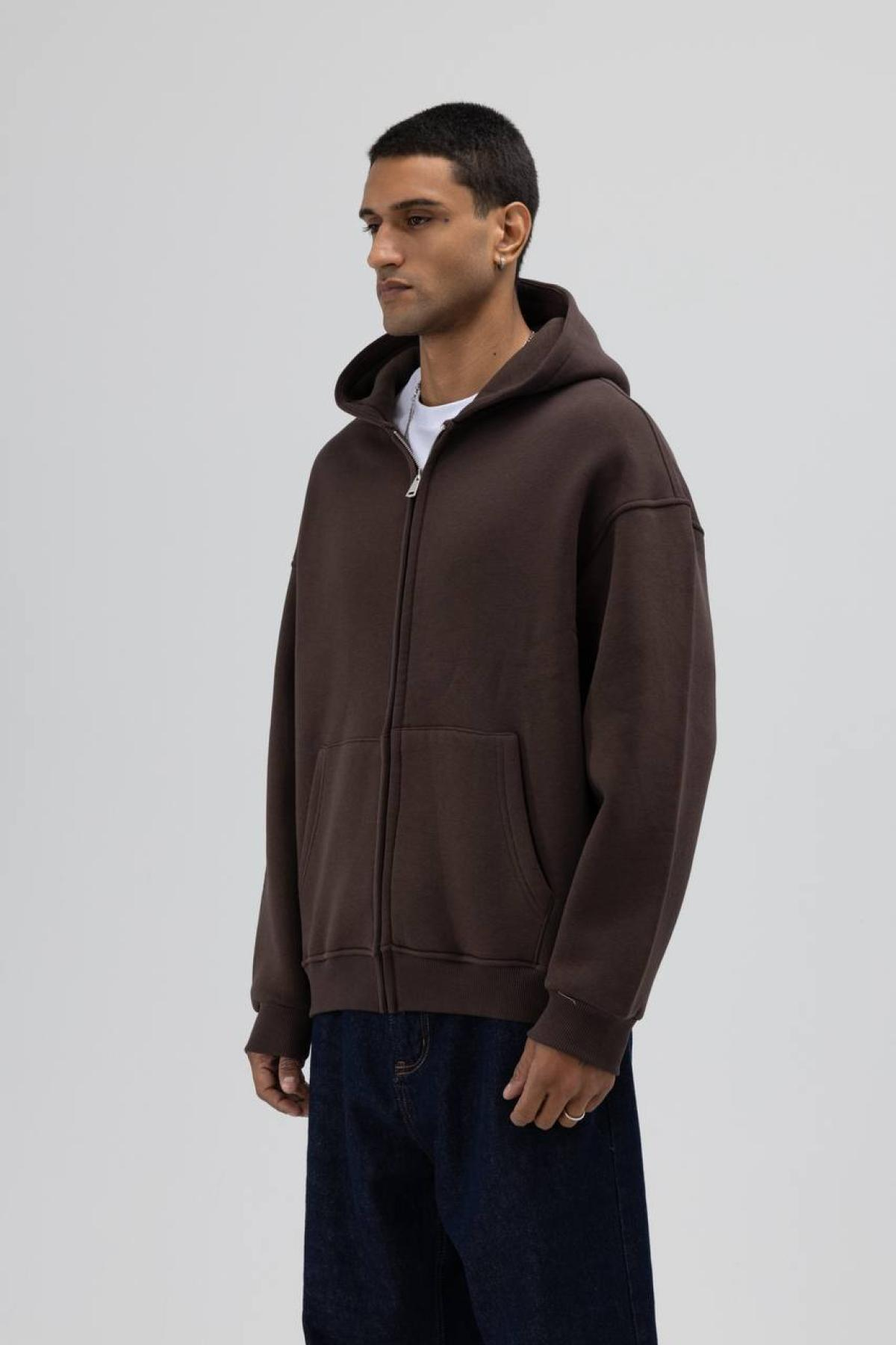Wholesale Men Dark Brown Zip-Up Hoodie 739104
