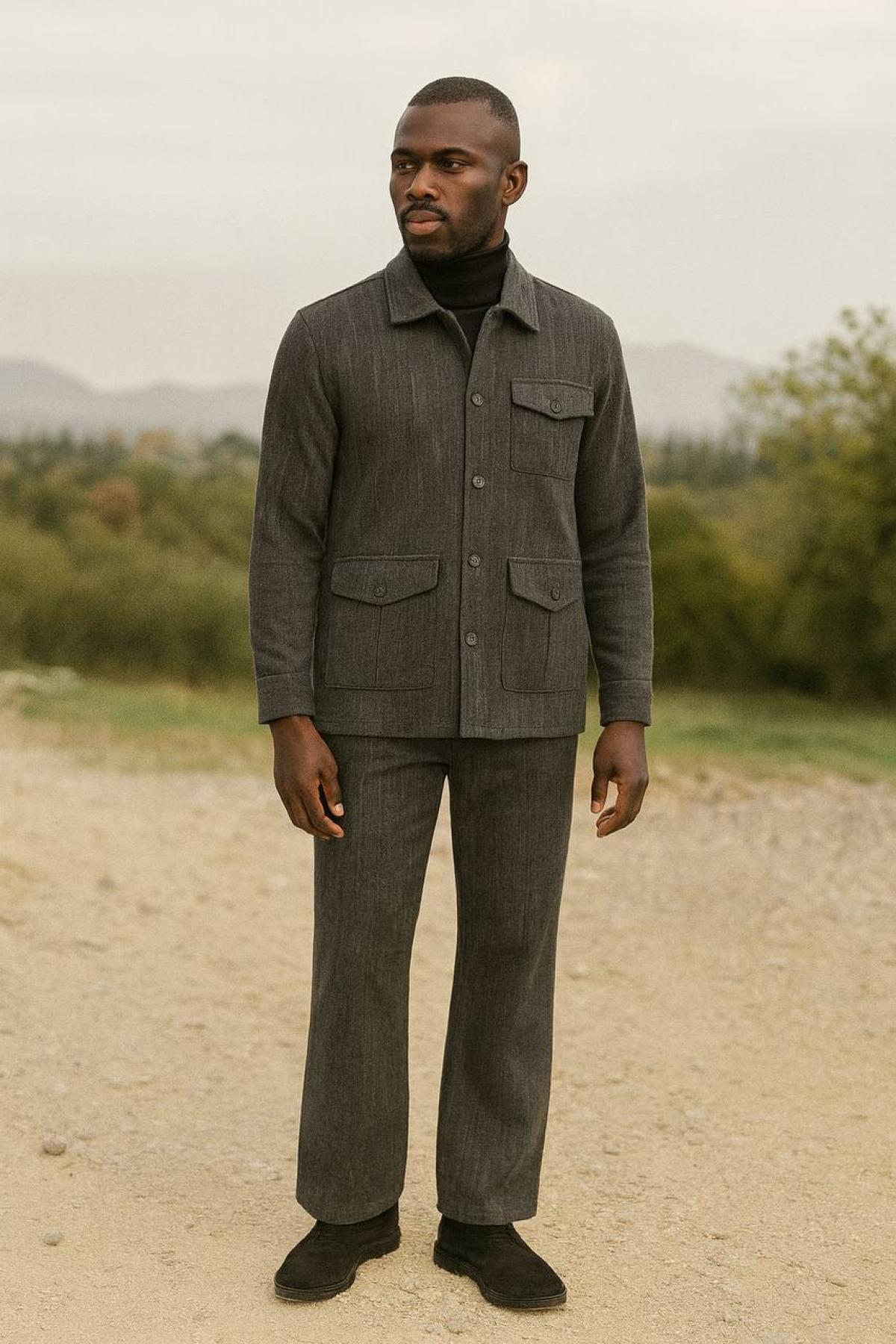 Wholesale Men Dark Gray Button-Up Tracksuit Set with Flap Pockets 738266