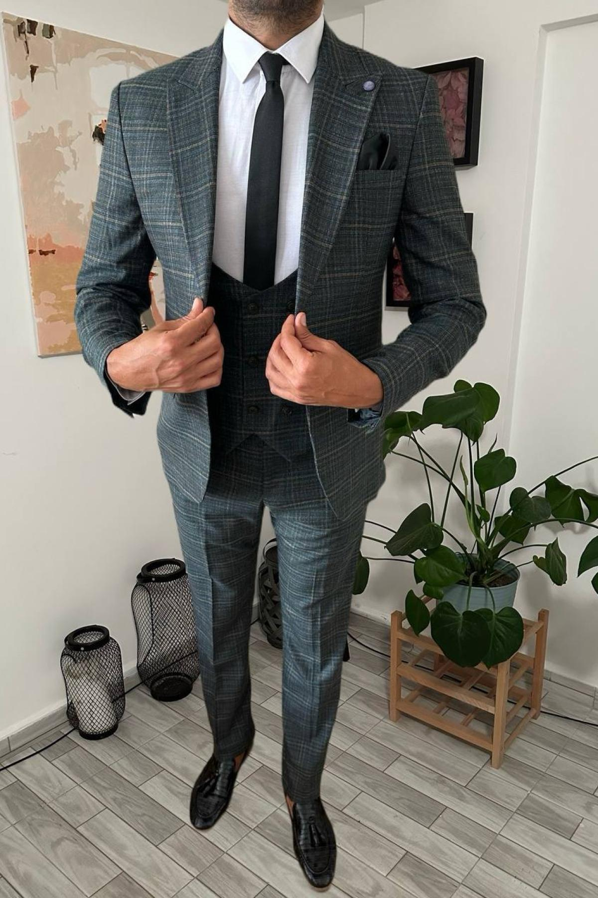 Wholesale Men Dark Green Plaid Three Piece Suits Blazer Vest and Trousers 708922