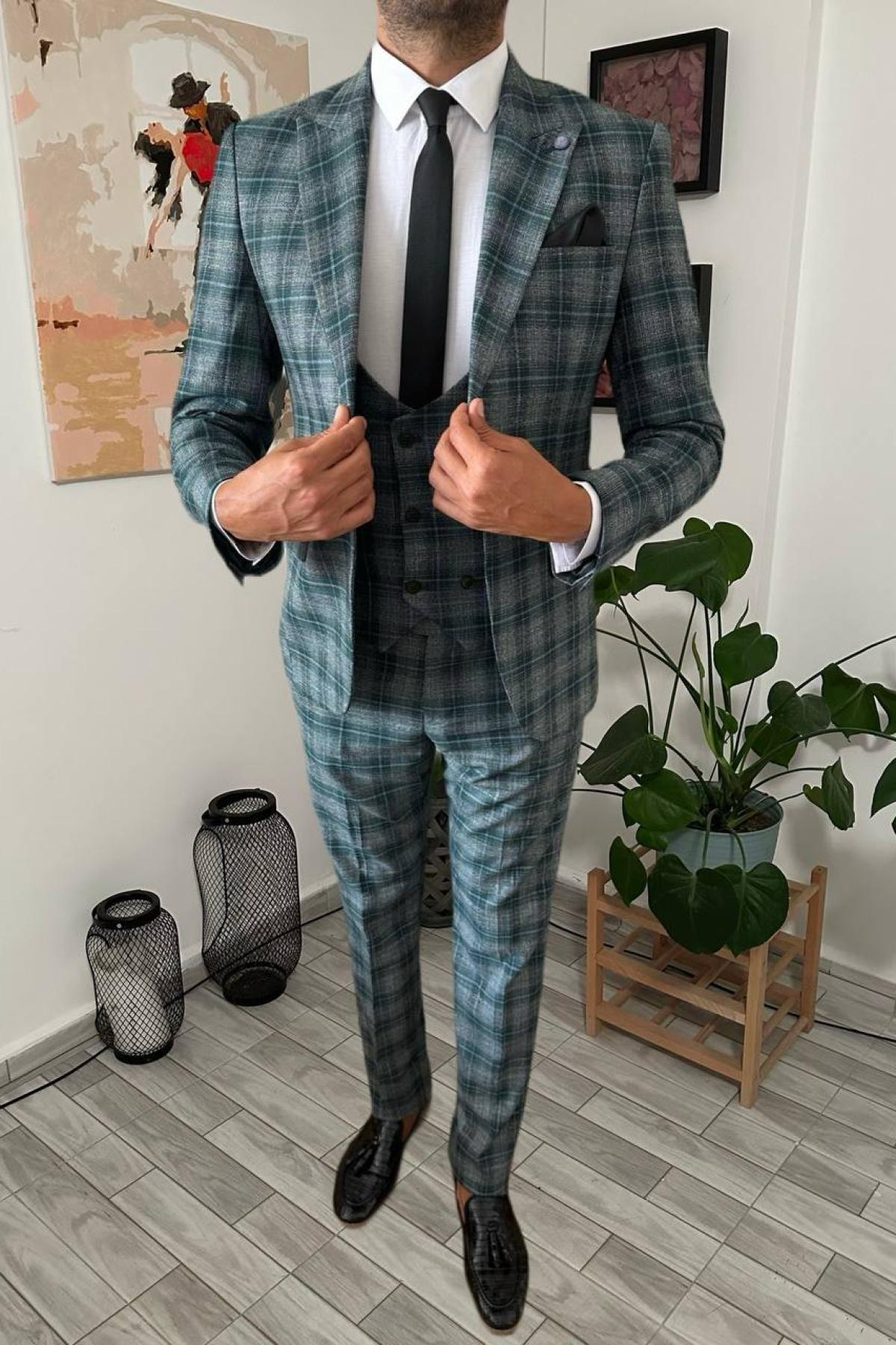 Wholesale Men Dark Green Plaid Three Piece Suits Blazer Vest and Trousers 708937