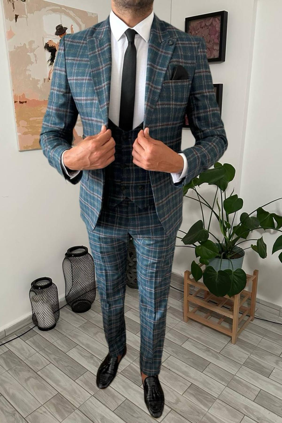 Wholesale Men Dark Green Plaid Three Piece Suits Blazer Vest and Trousers 708928