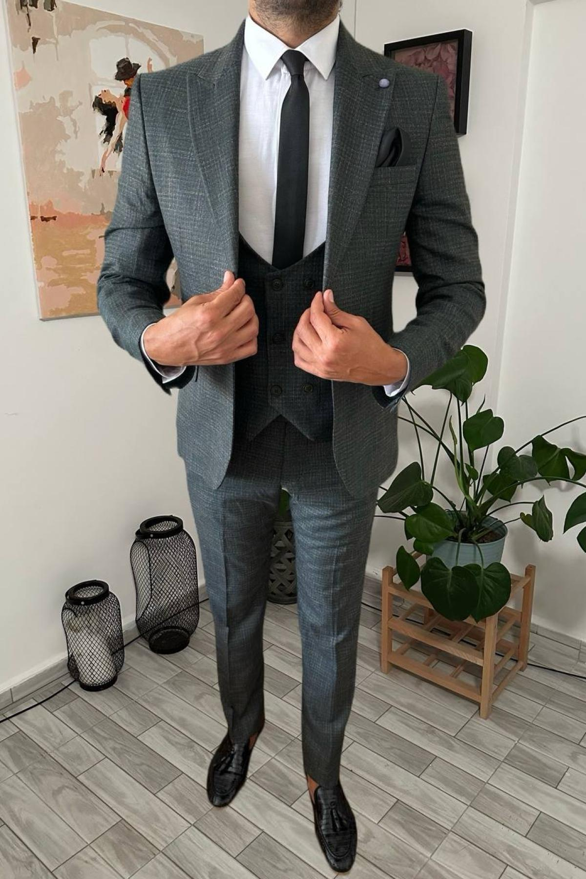 Wholesale Men Dark Green Plaid Three Piece Suits Blazer Vest and Trousers 708916