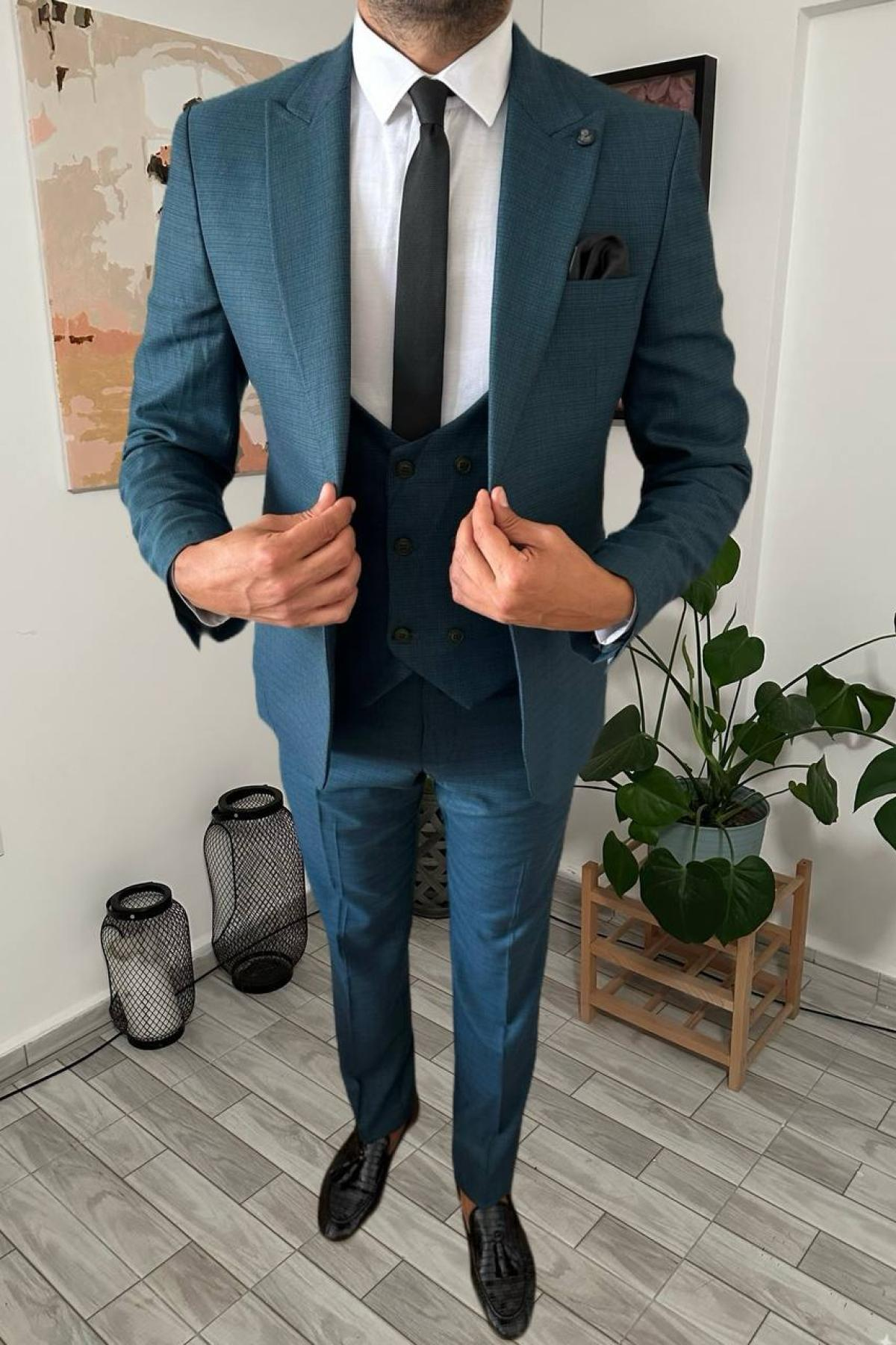 Wholesale Men Dark Green Three Piece Suits Blazer Vest and Trousers 708900